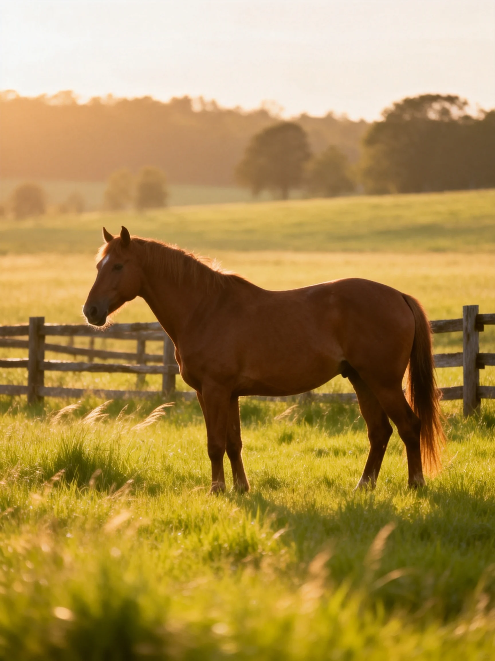 A chestnut horse stands in a sunlit green pasture near a wooden fence.