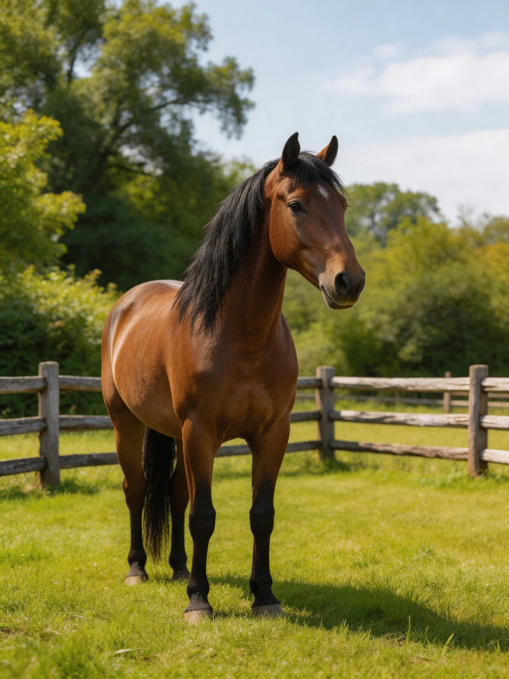 A chestnut horse stands in a sunlit green pasture with a wooden fence