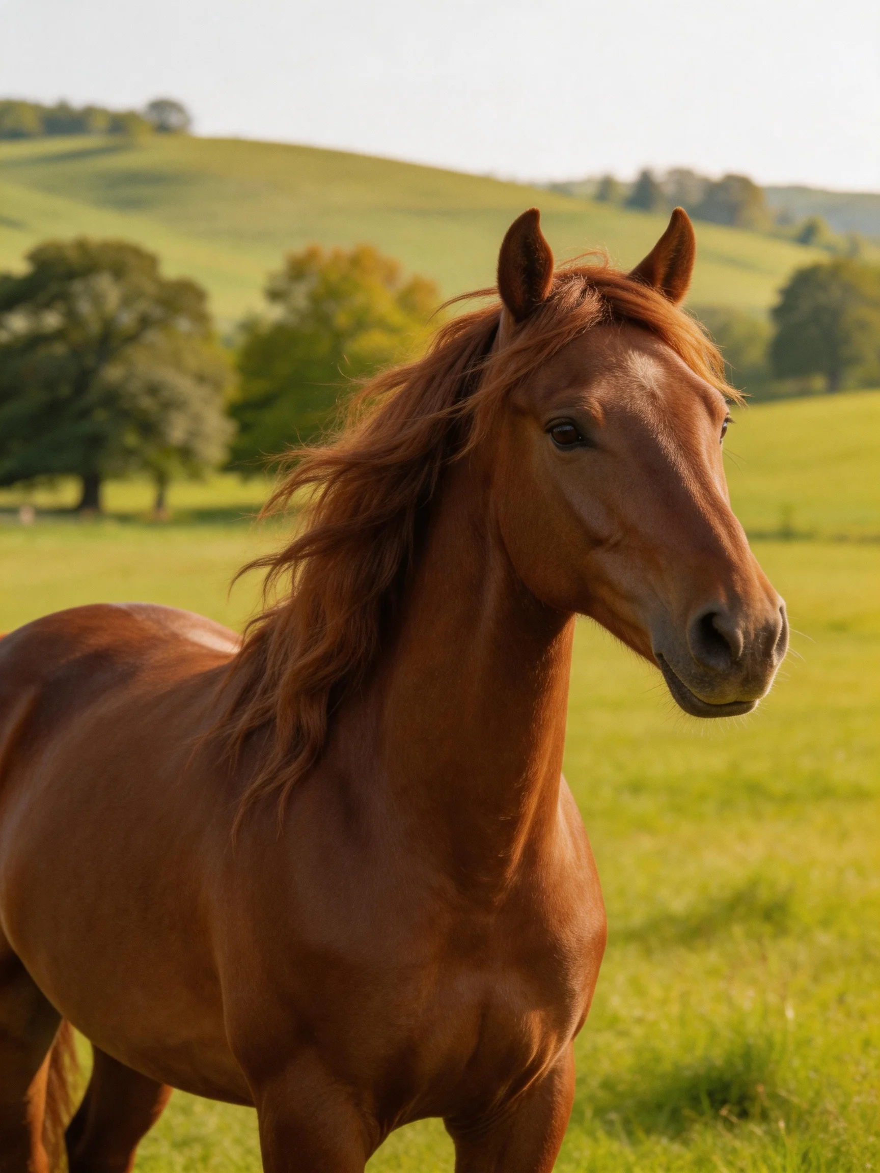 A chestnut horse stands in a sunlit green pasture