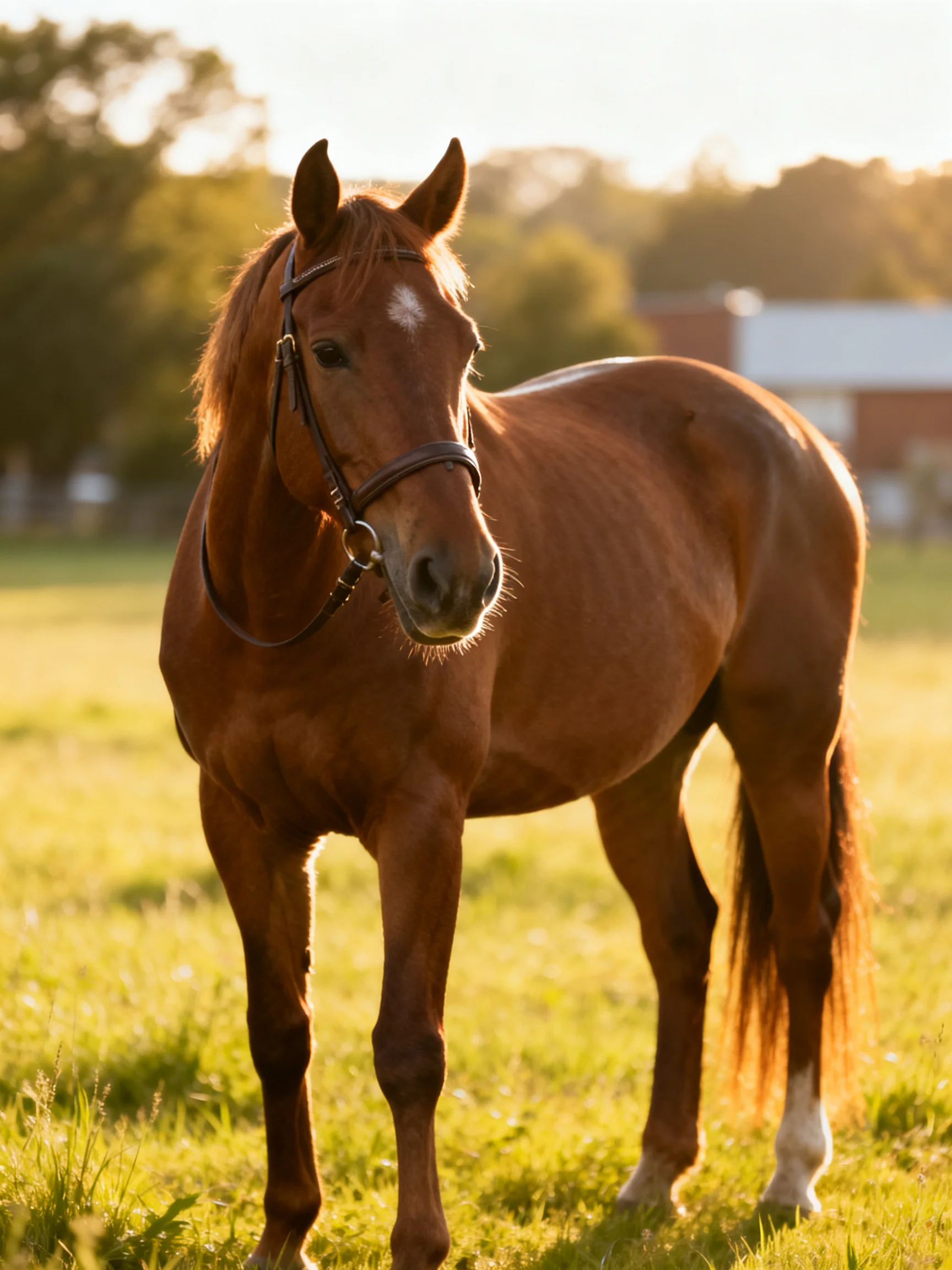 A chestnut horse stands in a sunlit green pasture