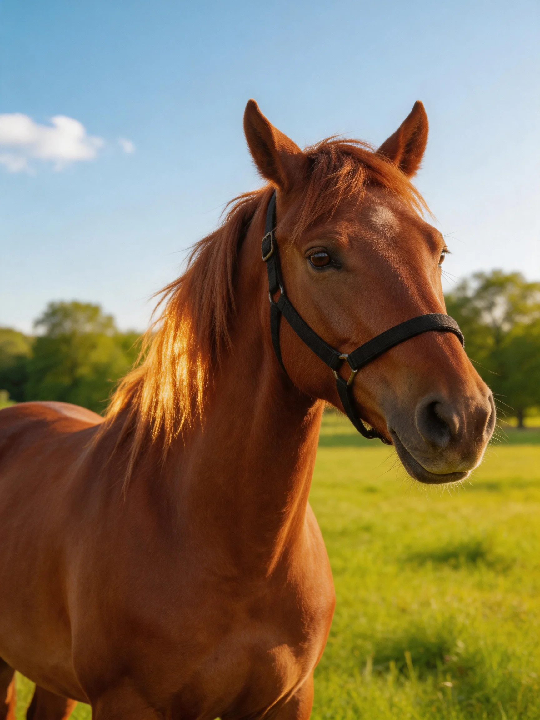 A chestnut horse stands in a sunlit green field