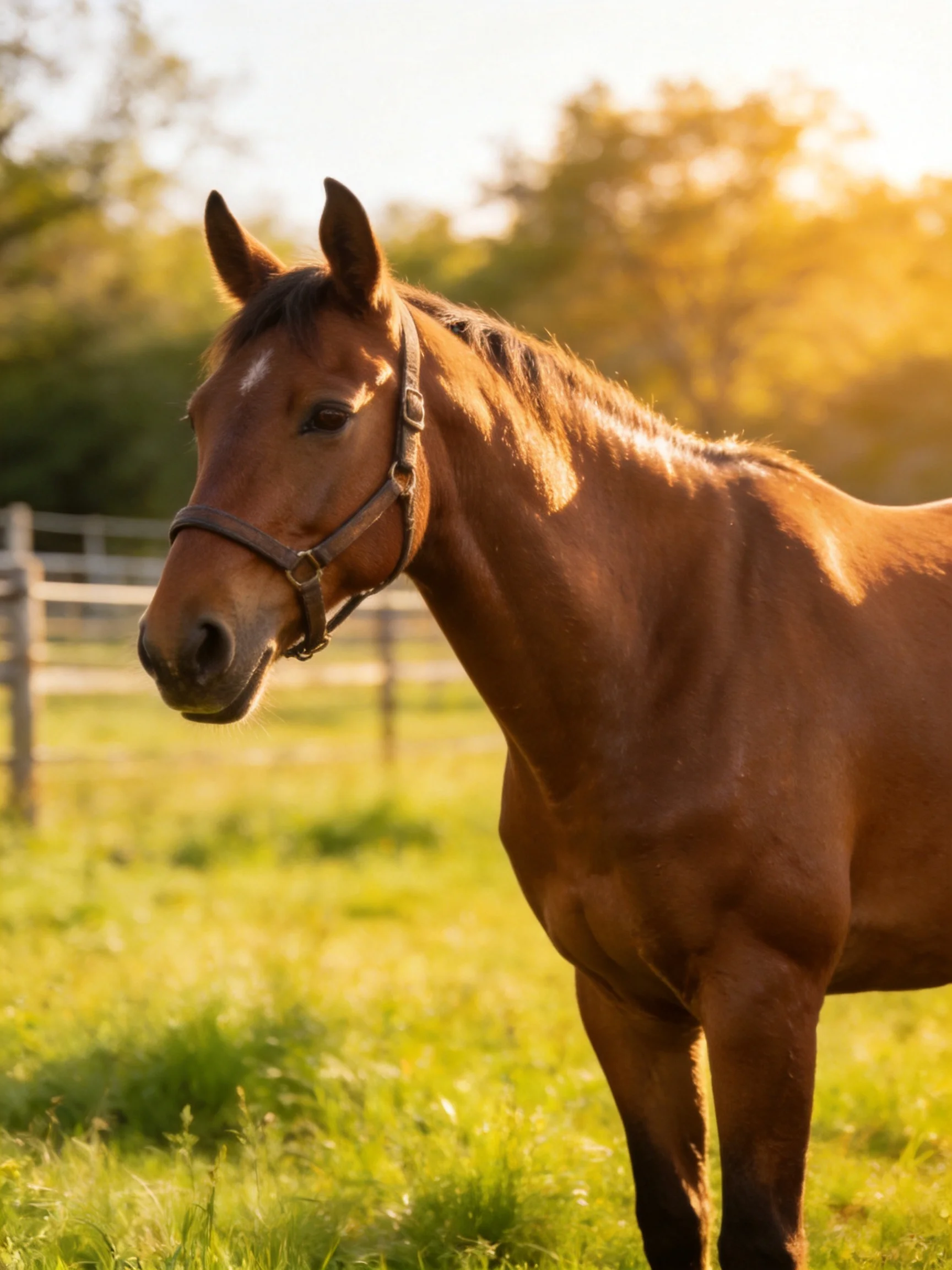 A chestnut horse stands in a sunlit green pasture with a wooden fence