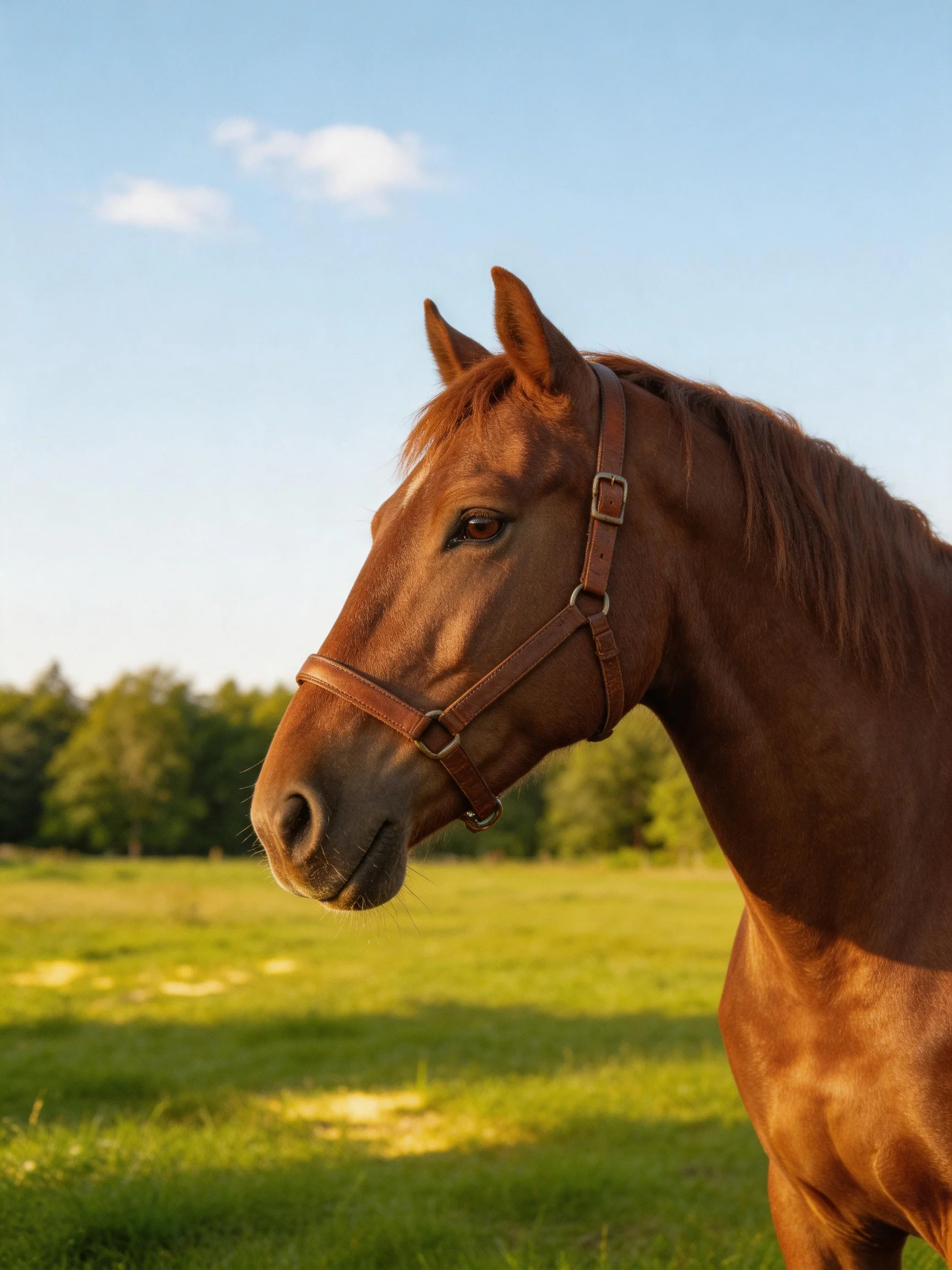 A brown horse stands peacefully in a sunlit green pasture near trees.