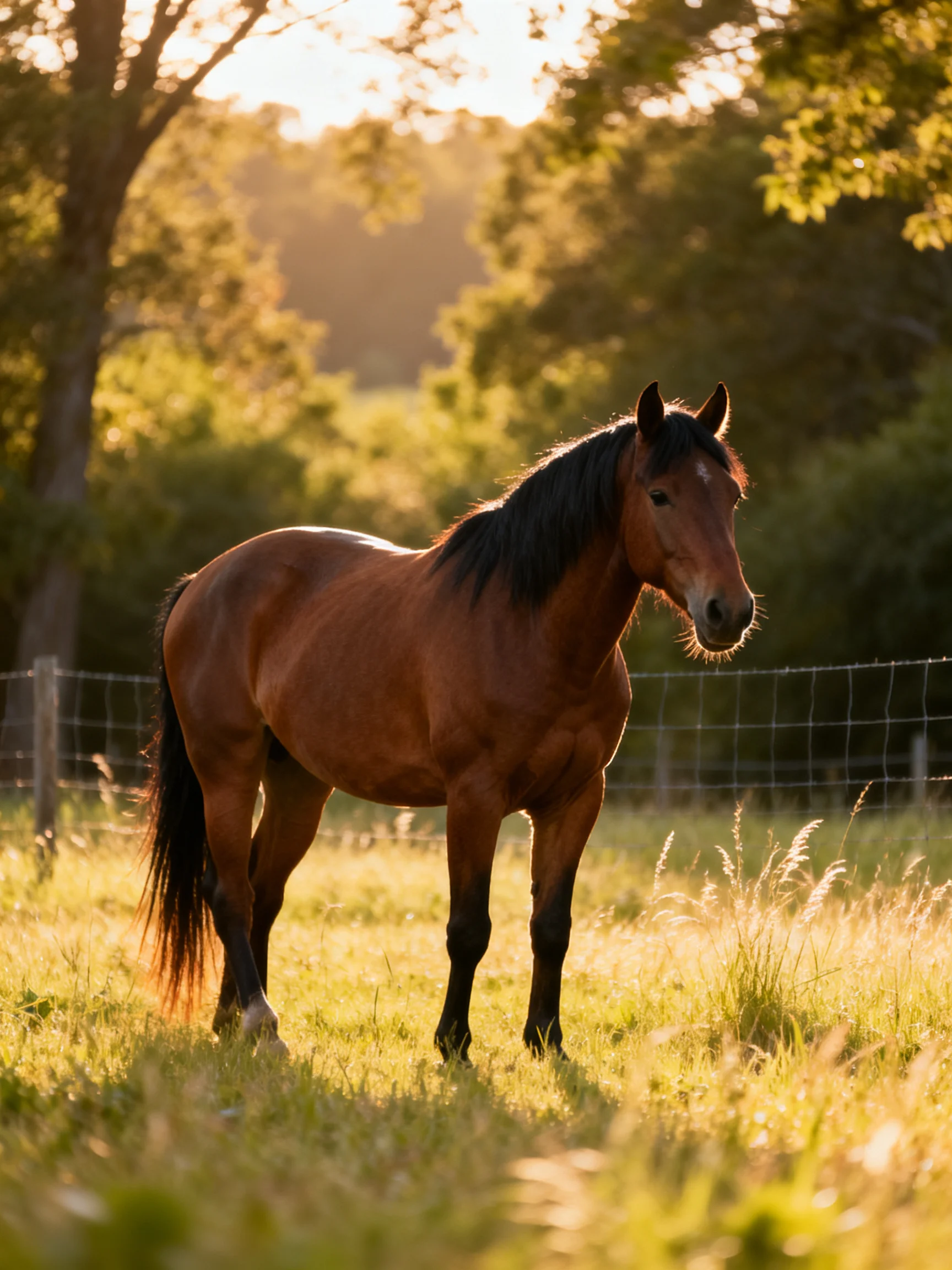 A brown horse stands in a sunlit pasture near trees