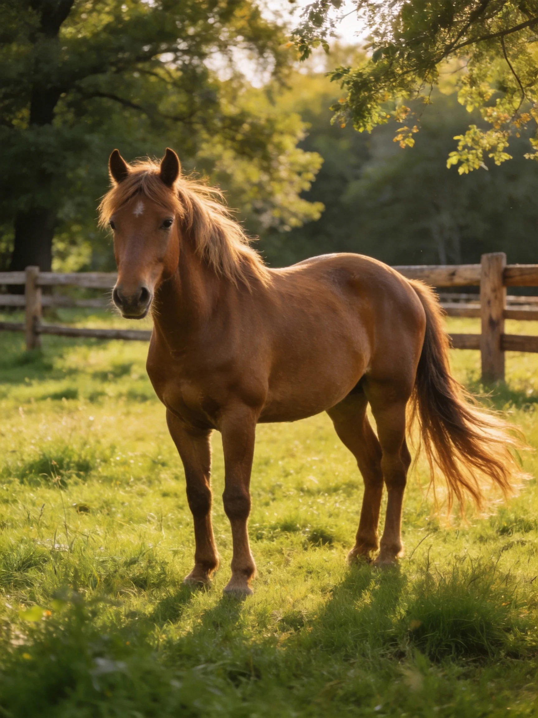 A chestnut horse stands in a sunlit green pasture with wooden fences