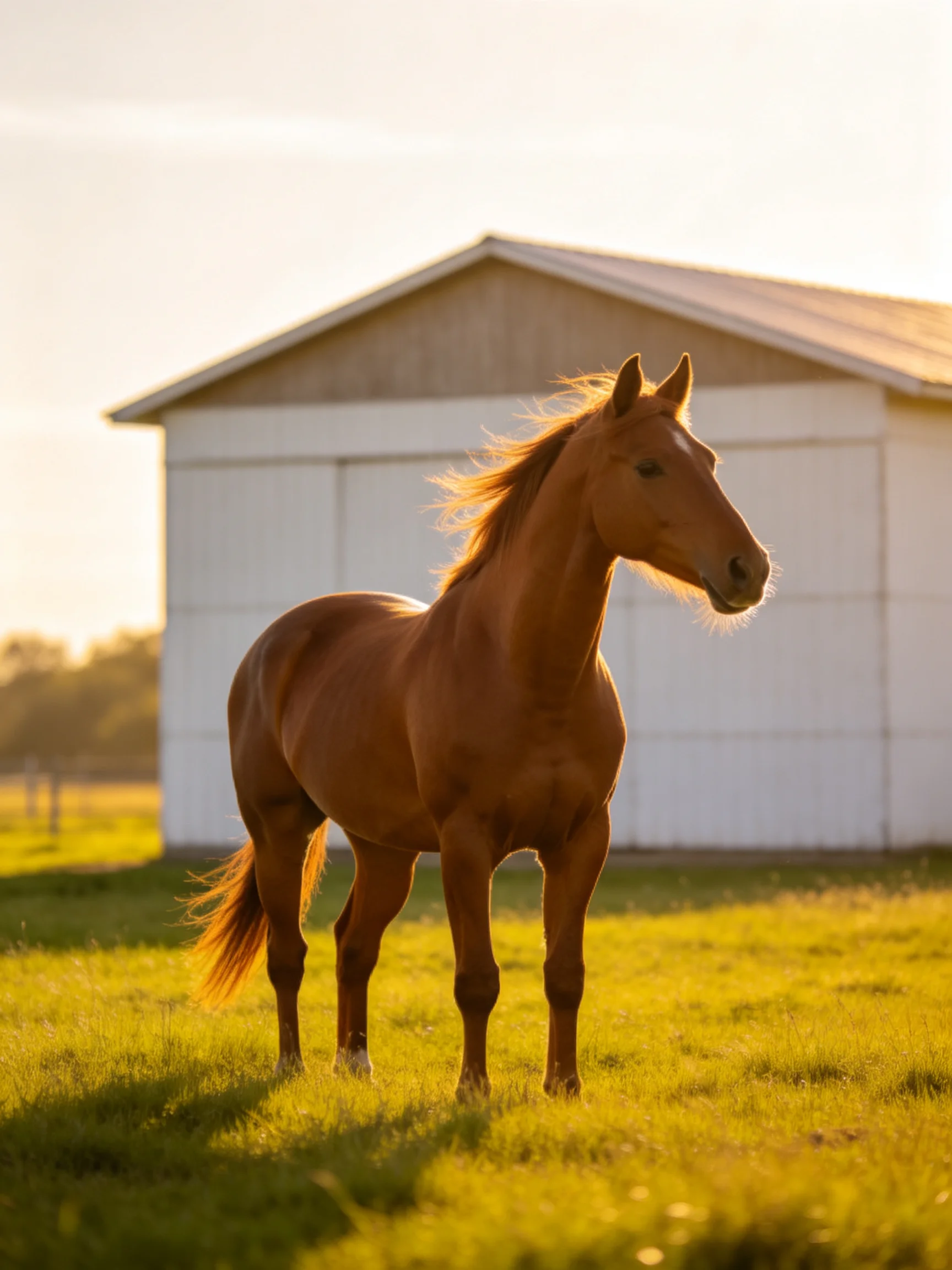 A chestnut horse stands in a sunlit field near a white barn
