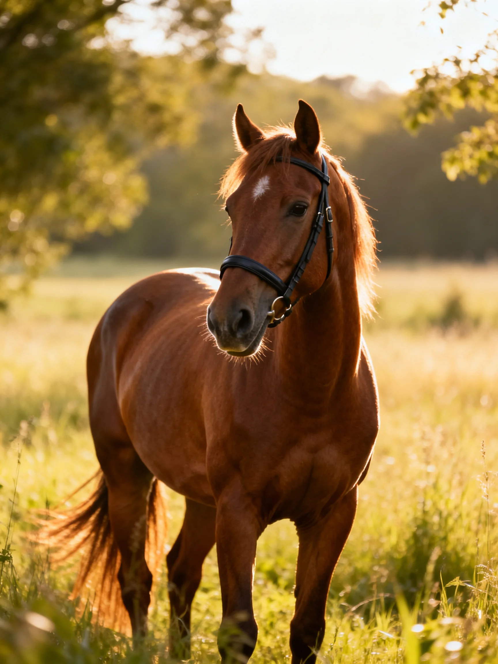 A chestnut horse stands calmly amid a sunlit meadow