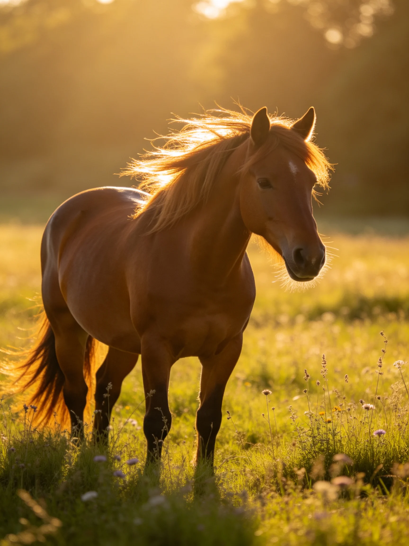 A chestnut horse stands in a sunlit meadow with wildflowers.