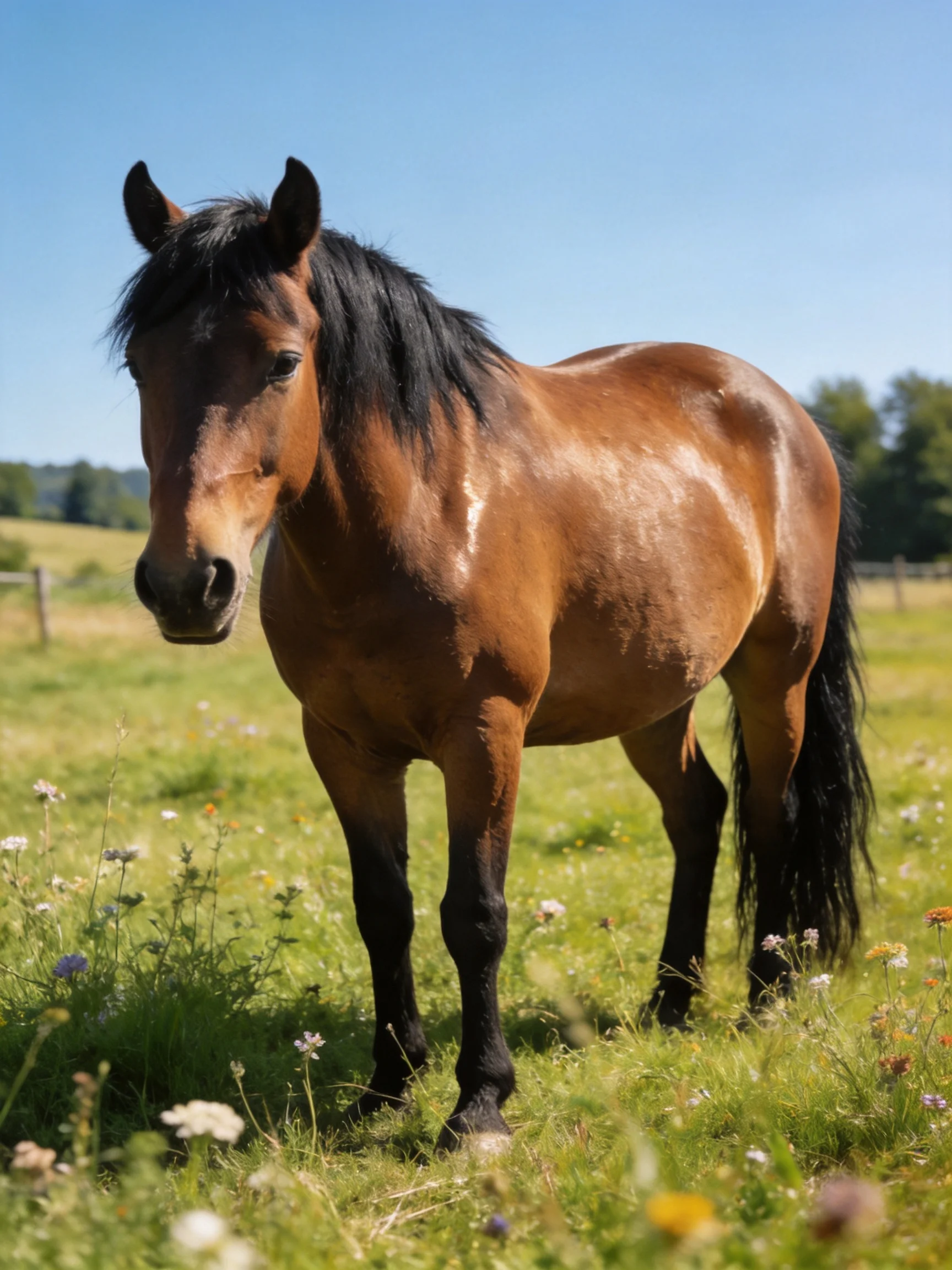 A chestnut horse stands in a sunlit meadow surrounded by wildflowers
