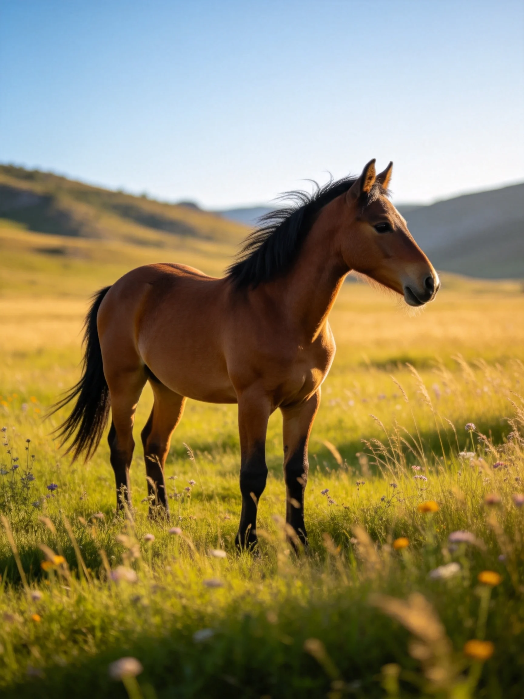 A horse stands in a sunlit meadow surrounded by tall grass and wildflowers.