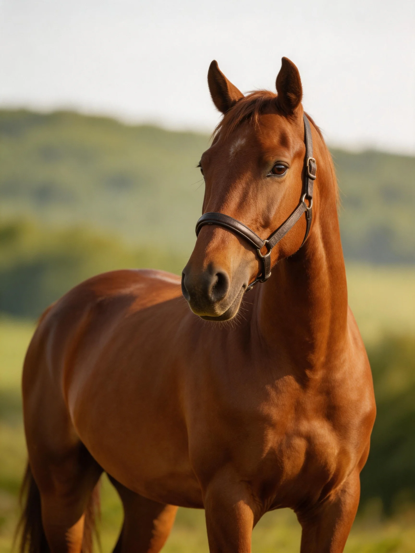 A chestnut horse stands in a sunlit open field.