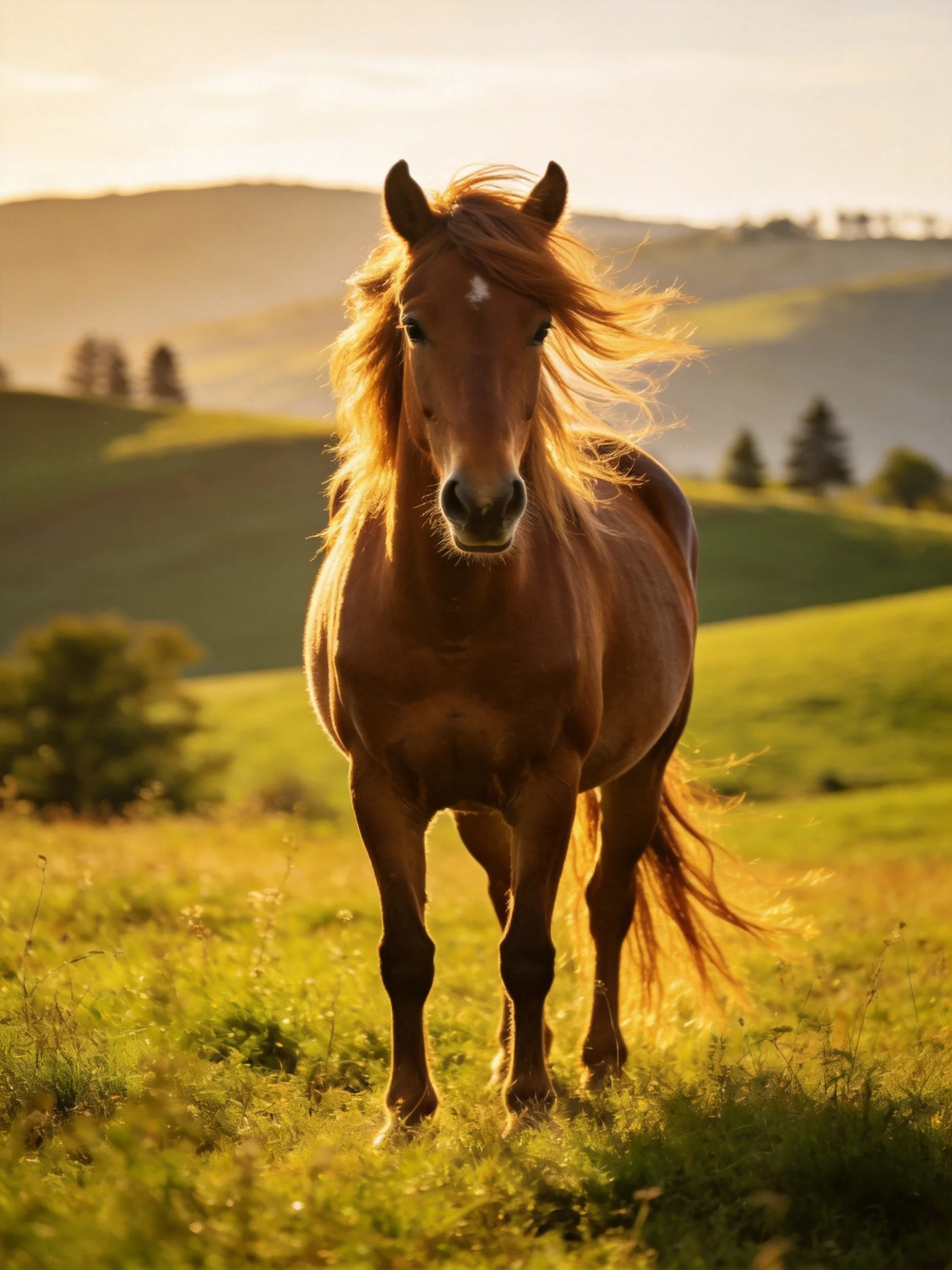 A chestnut horse stands in a sunlit rolling green meadow