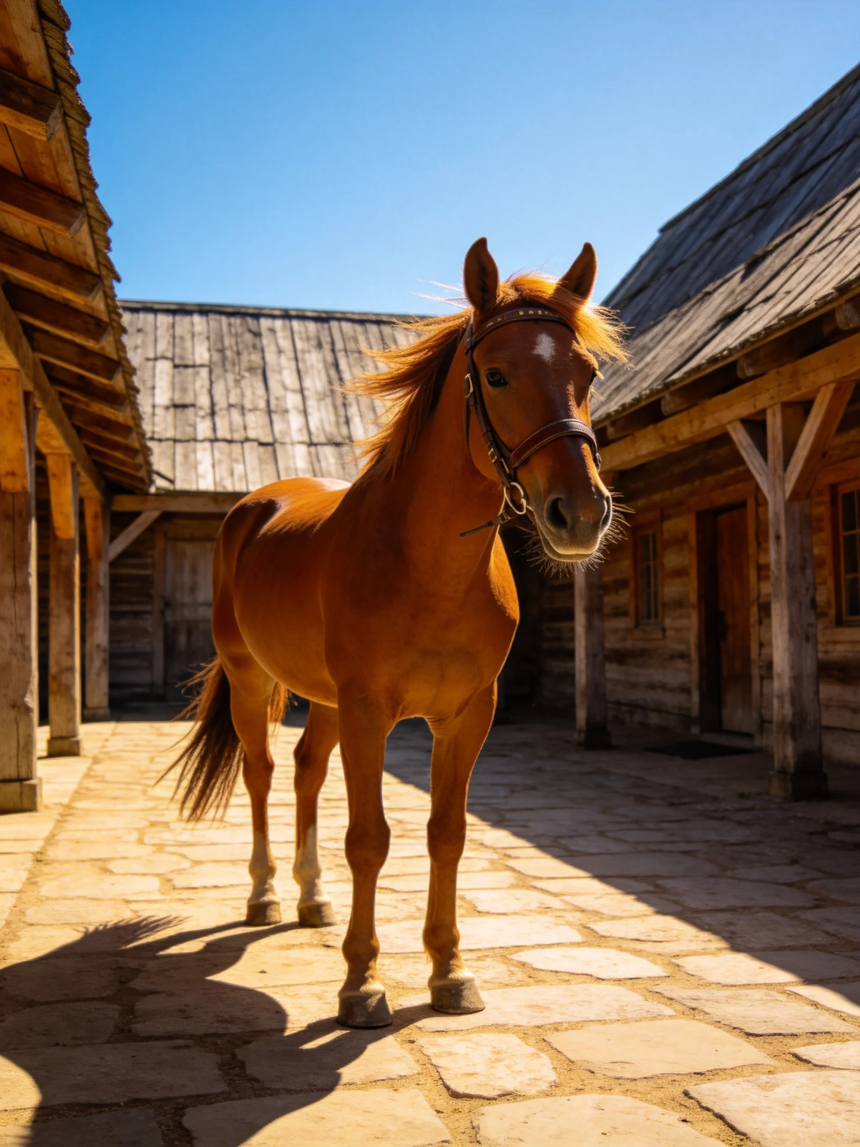 A chestnut horse stands in a sunlit stone courtyard near aged wooden buildings.