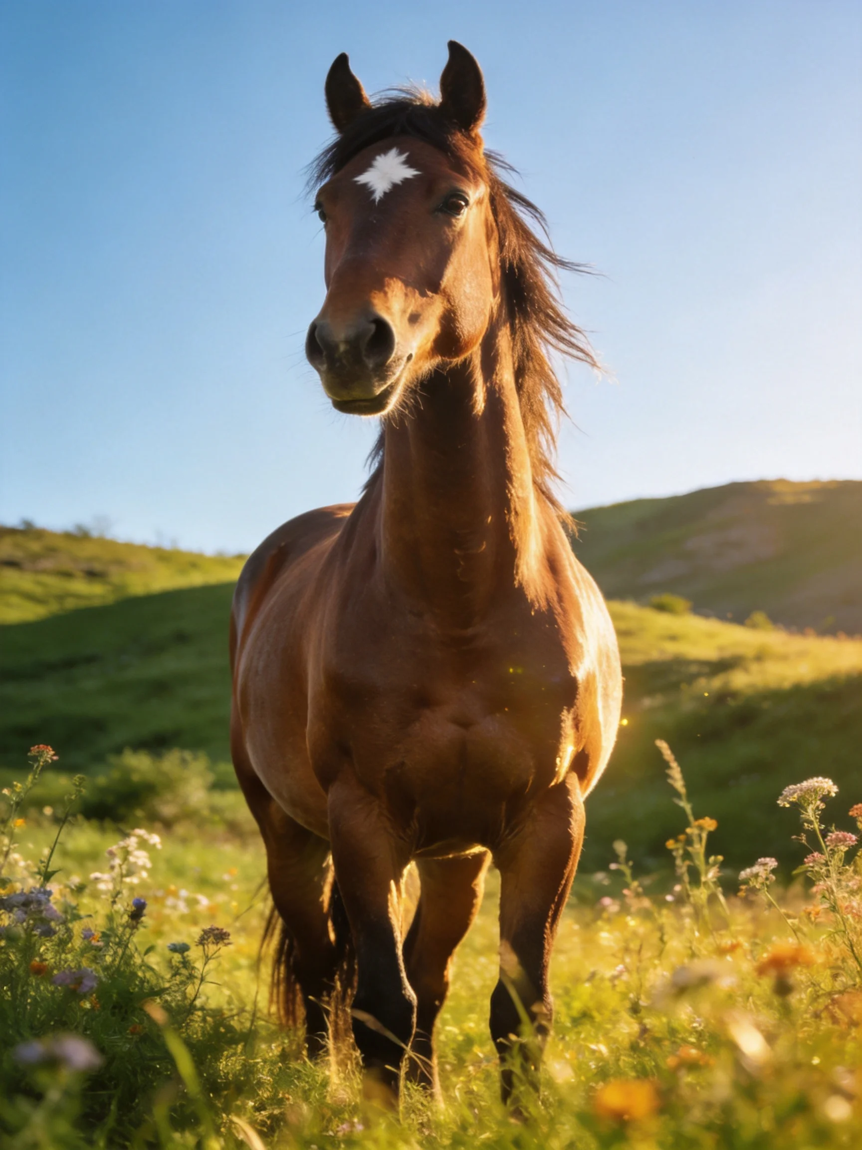 A chestnut horse stands in a sunlit wildflower meadow