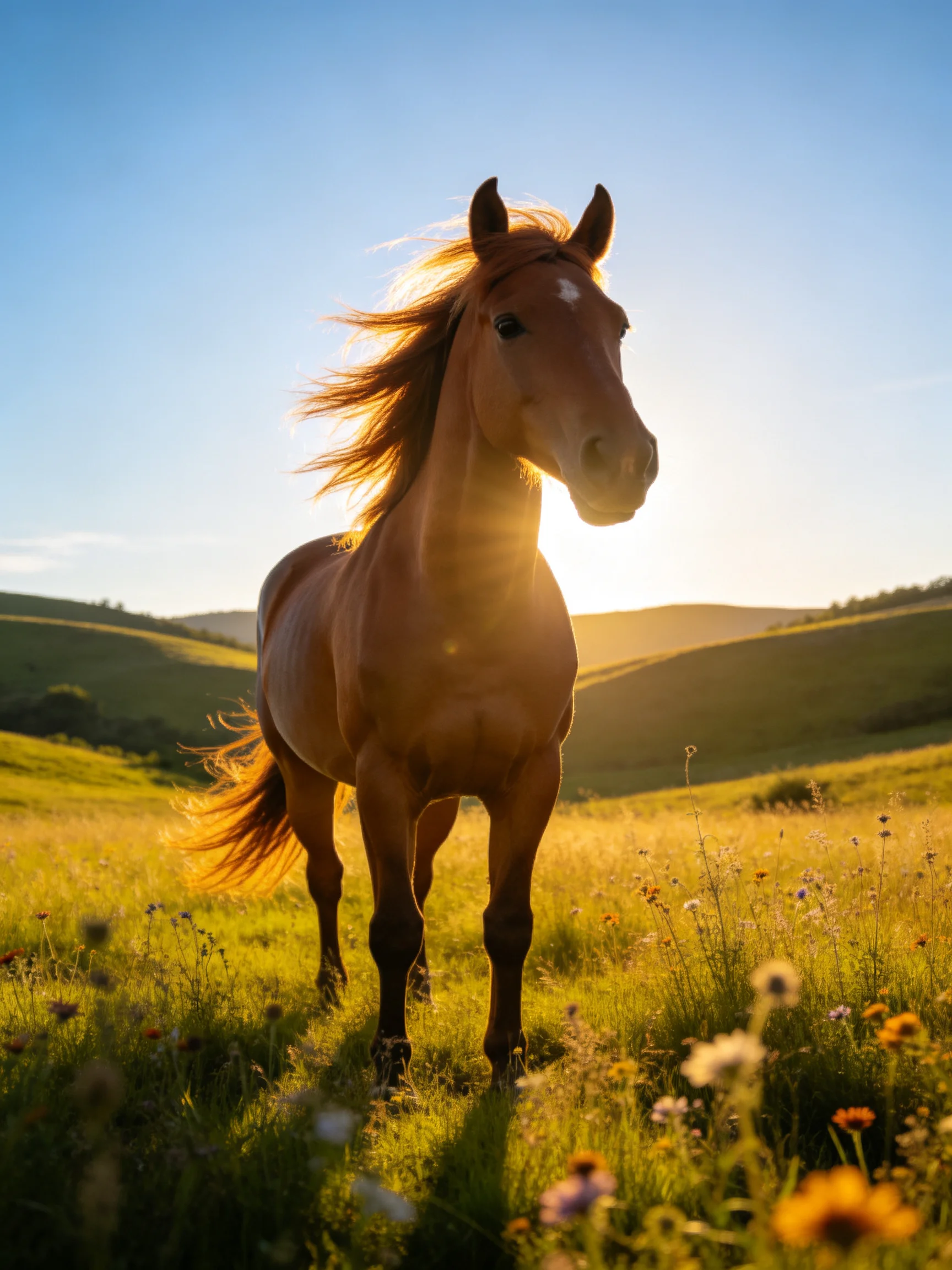 A chestnut horse stands in a sunlit wildflower meadow at sunset.