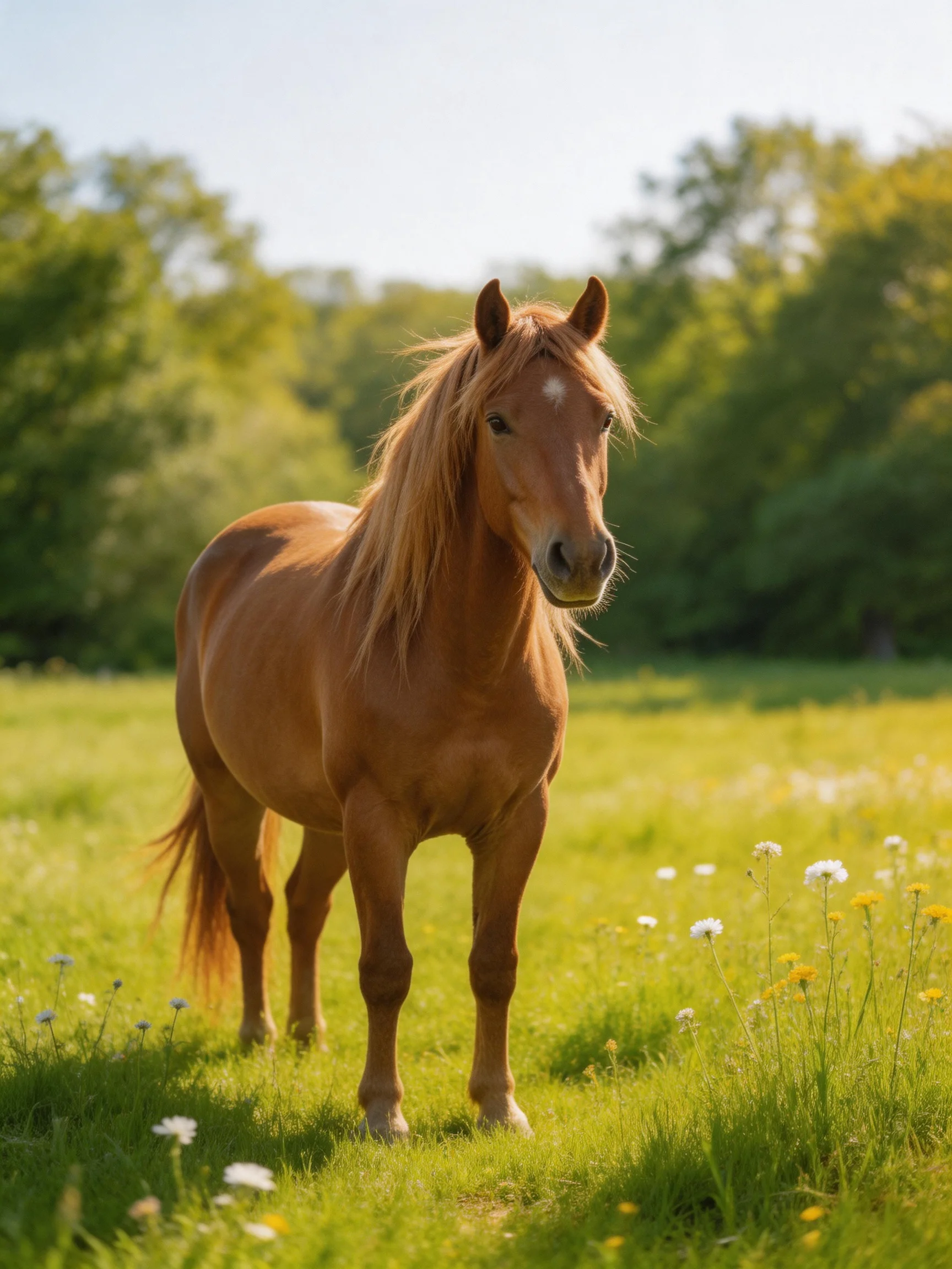 A chestnut horse stands in a sunlit meadow with wildflowers.