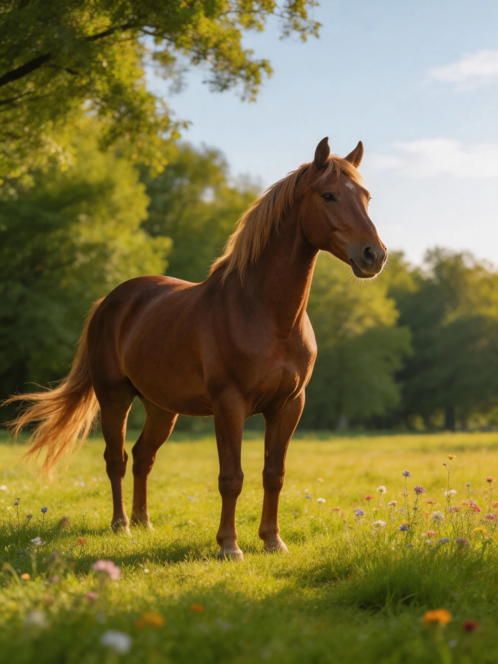 A chestnut horse stands in a sunlit meadow with wildflowers and trees