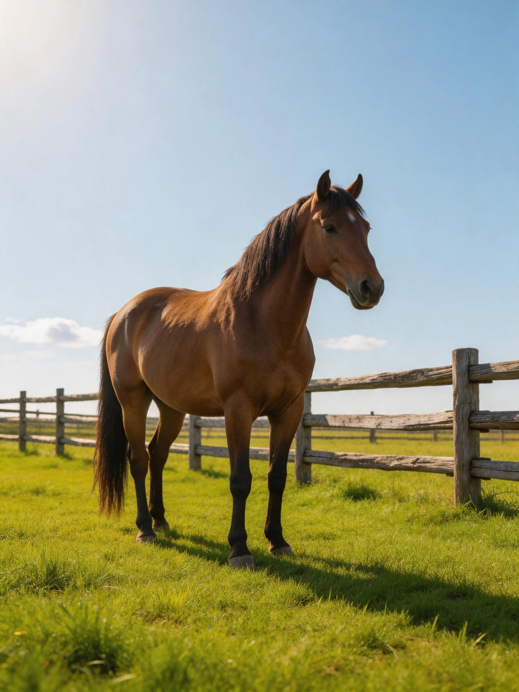 A chestnut horse stands in a sunny green pasture beside a wooden fence