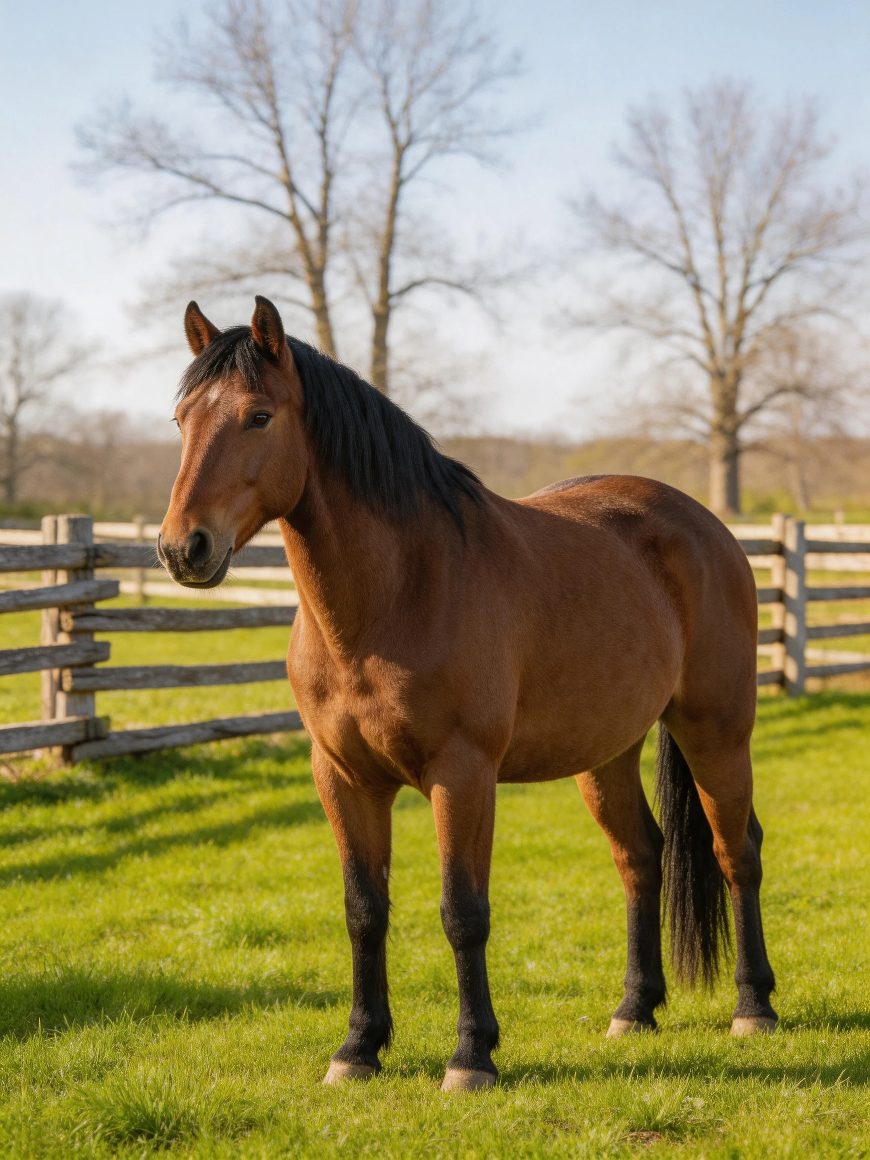 A chestnut horse stands in a sunny green pasture near wooden fences