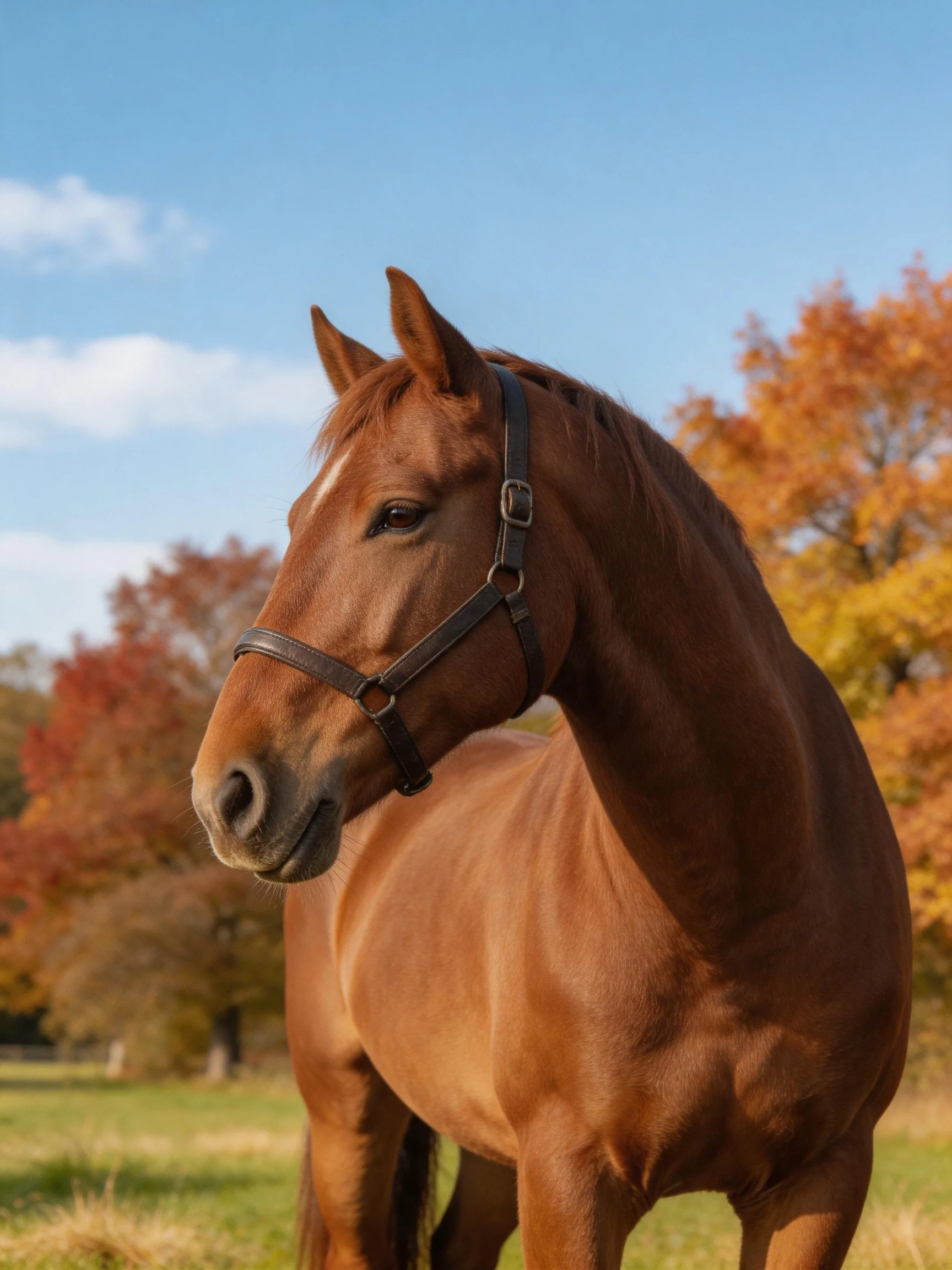 A chestnut horse stands in an autumn field with colorful foliage