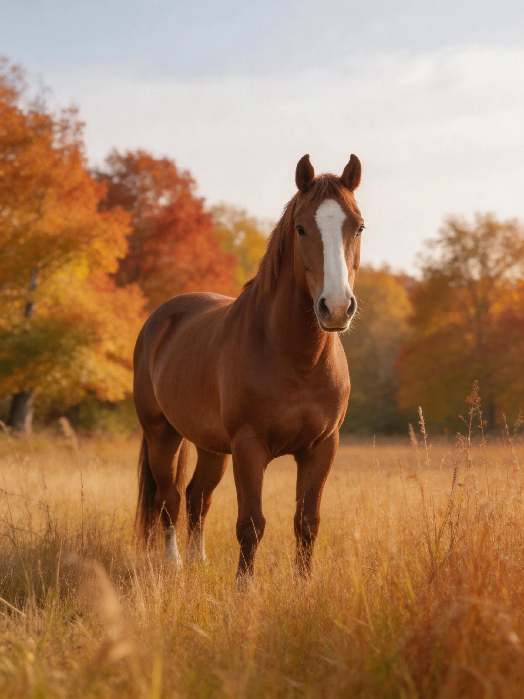 A chestnut horse stands in an autumn meadow with vibrant fall foliage