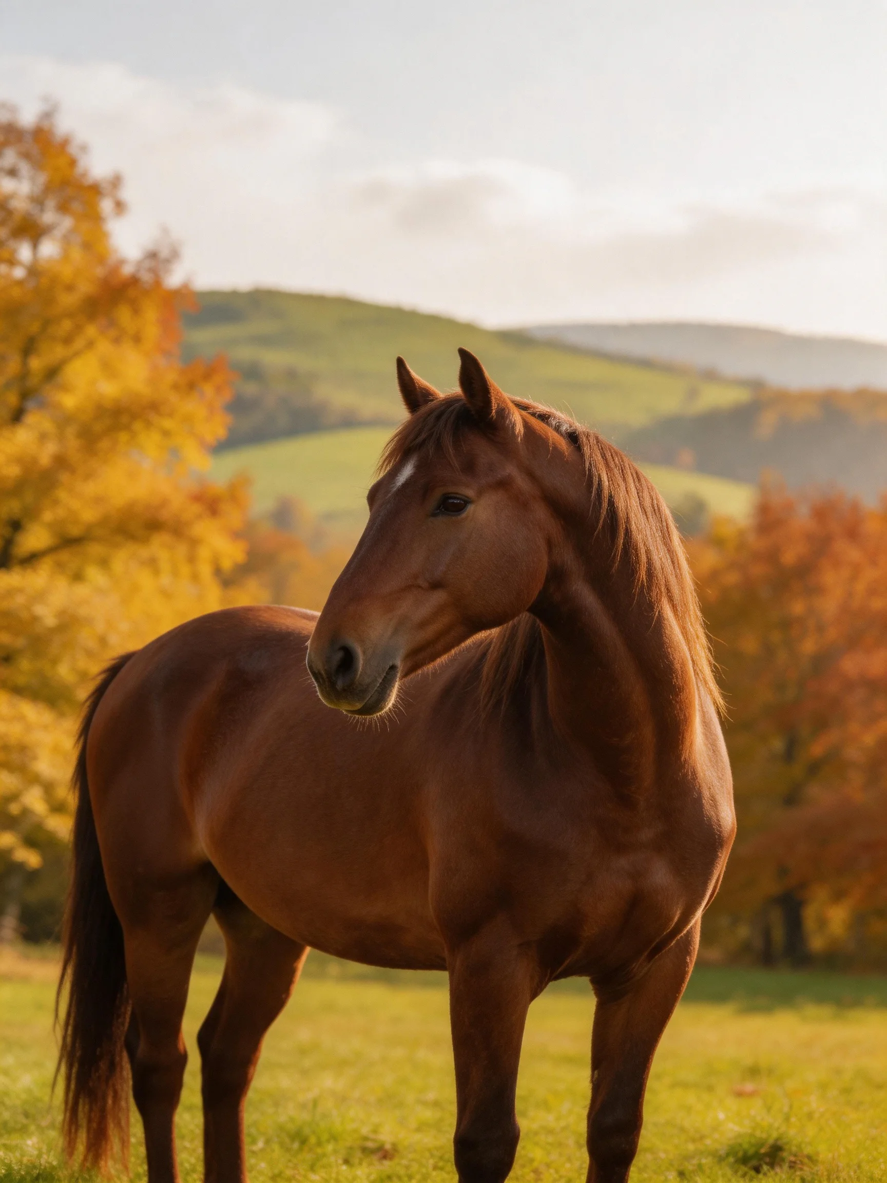 A chestnut horse stands in an autumnal field with golden foliage