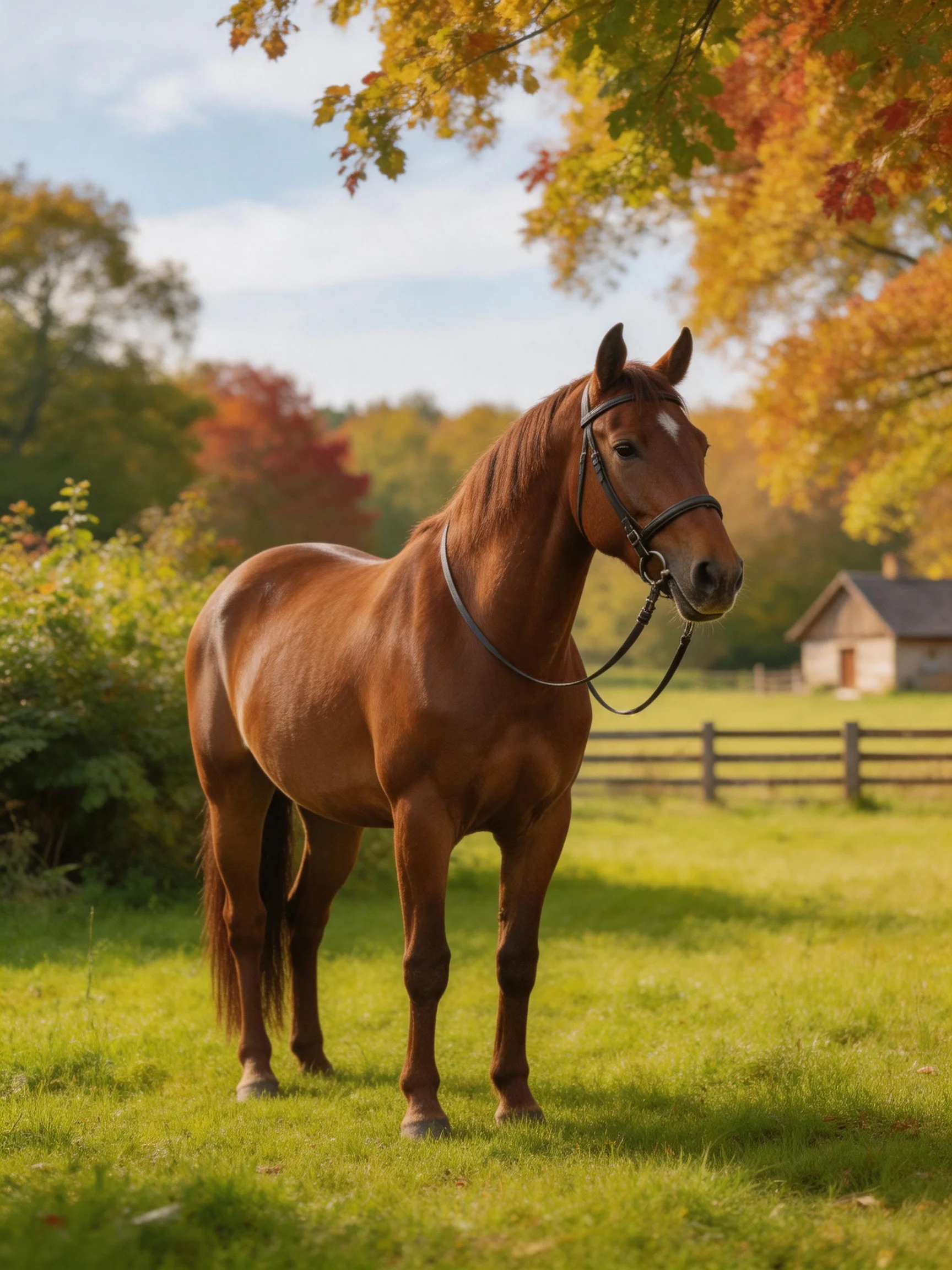 A chestnut horse stands in an autumnal green pasture