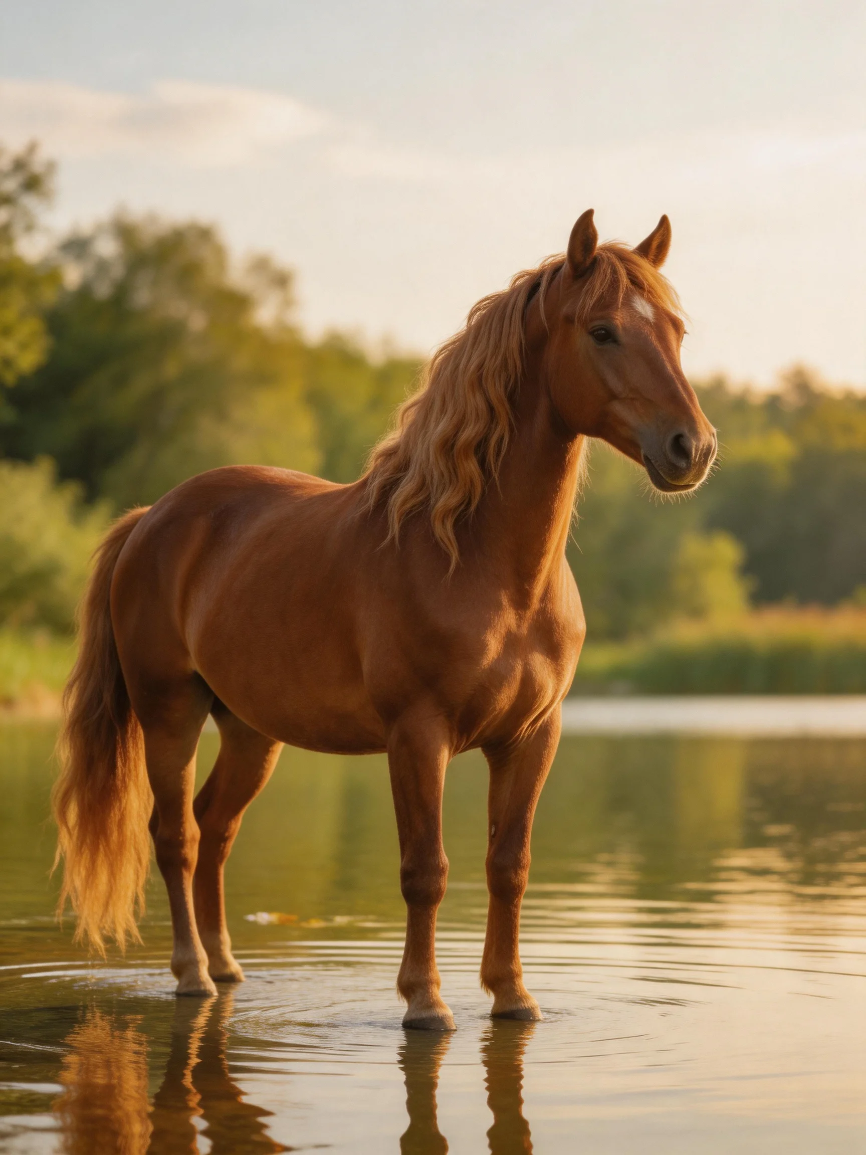 A chestnut horse stands in calm shallow water beside lush green trees.