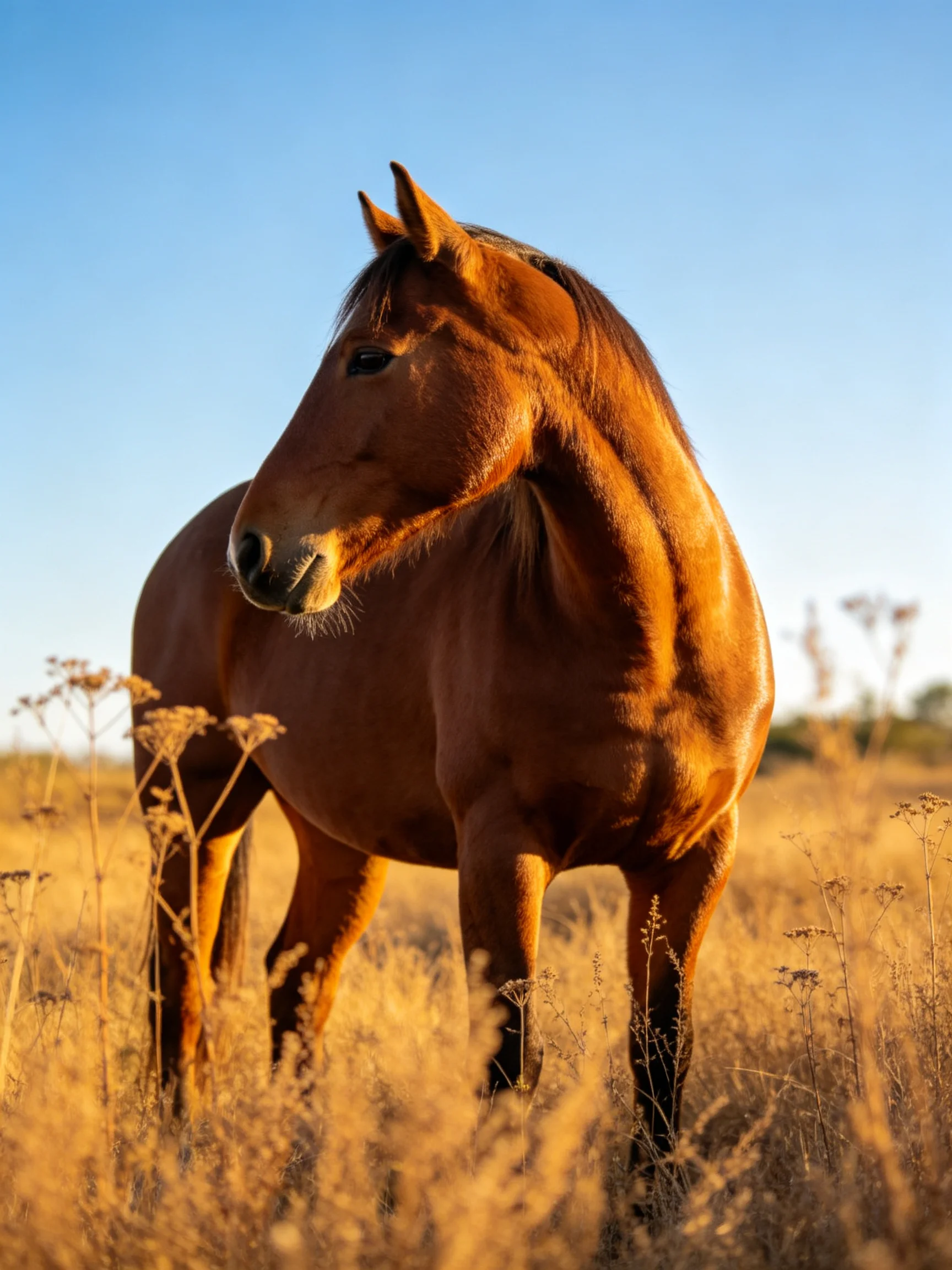A chestnut horse stands amid golden grasses under a clear blue sky.