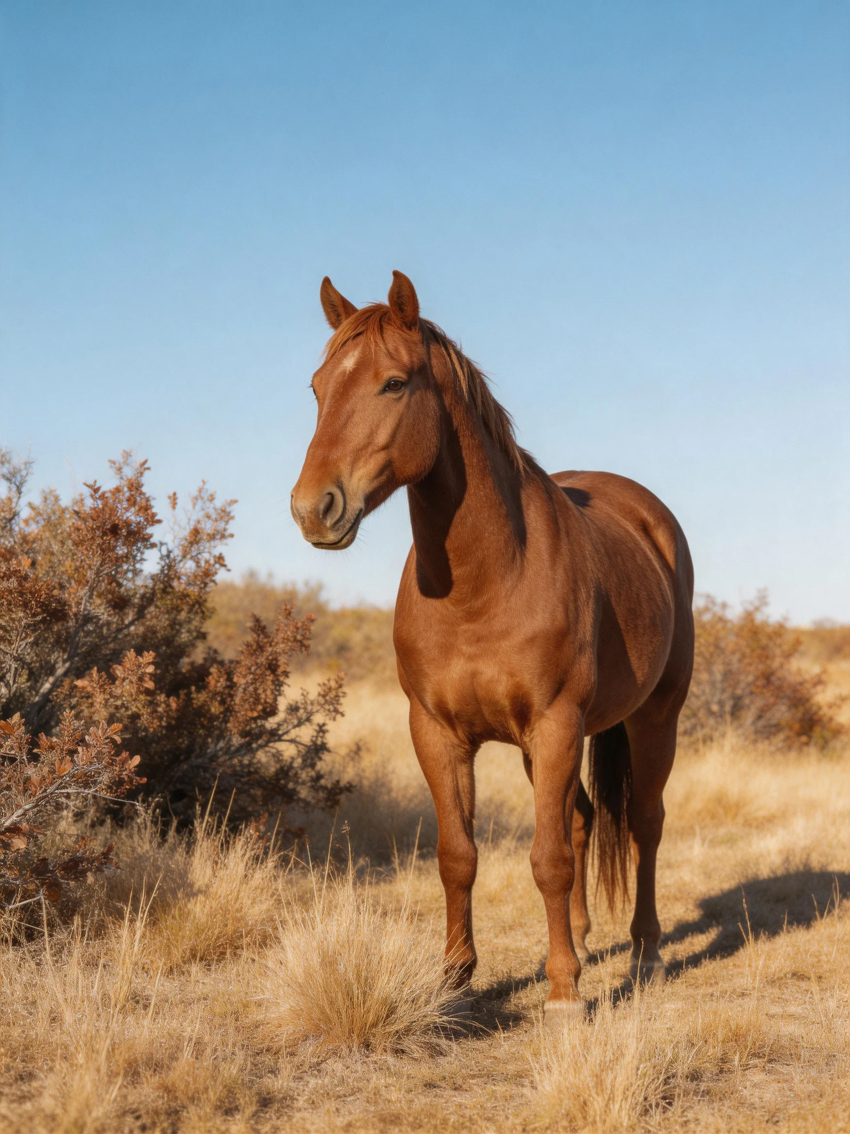 A chestnut horse stands in golden grassland near shrubs under a clear sky.