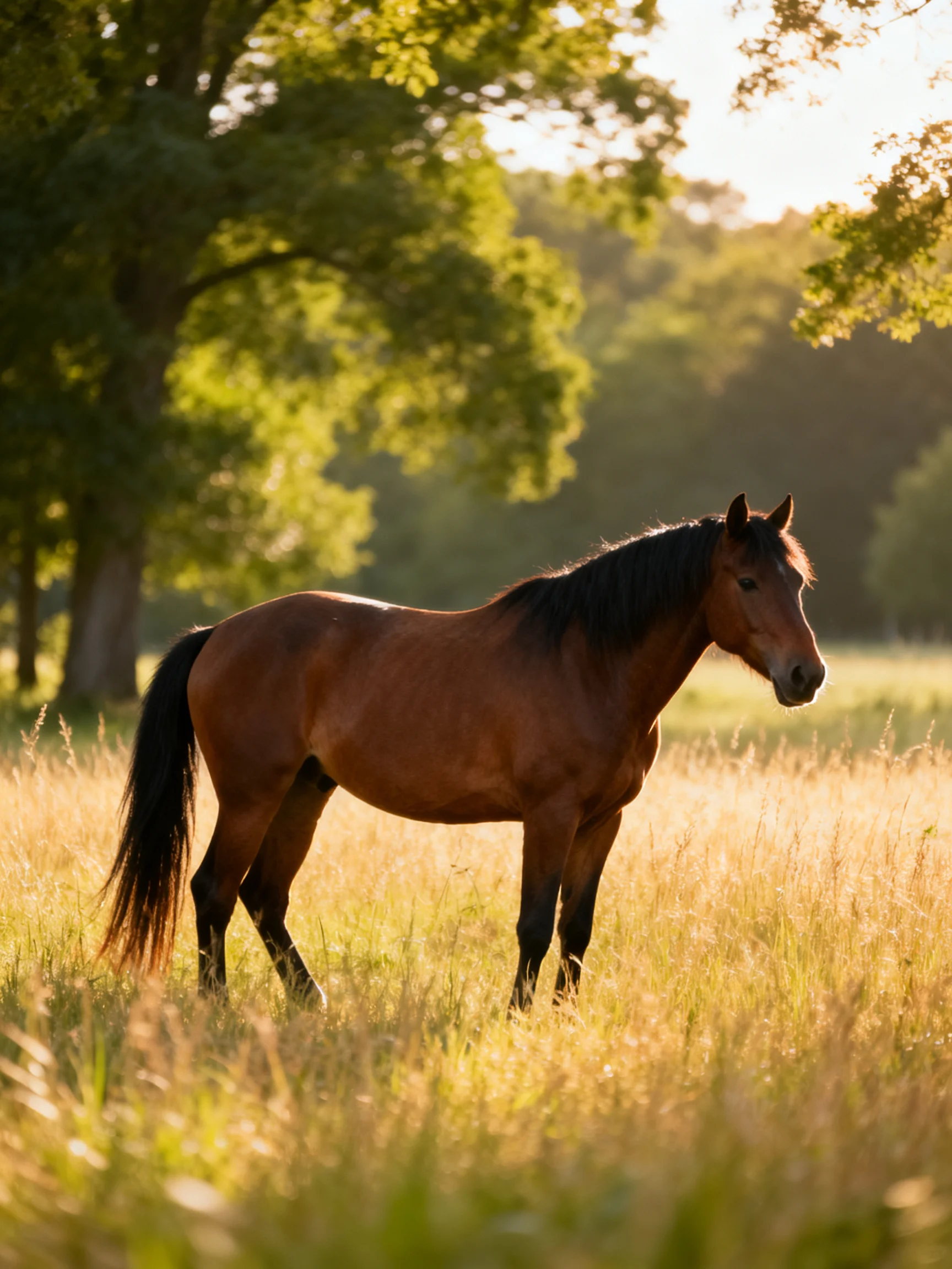 A chestnut horse stands in golden meadow near lush green trees