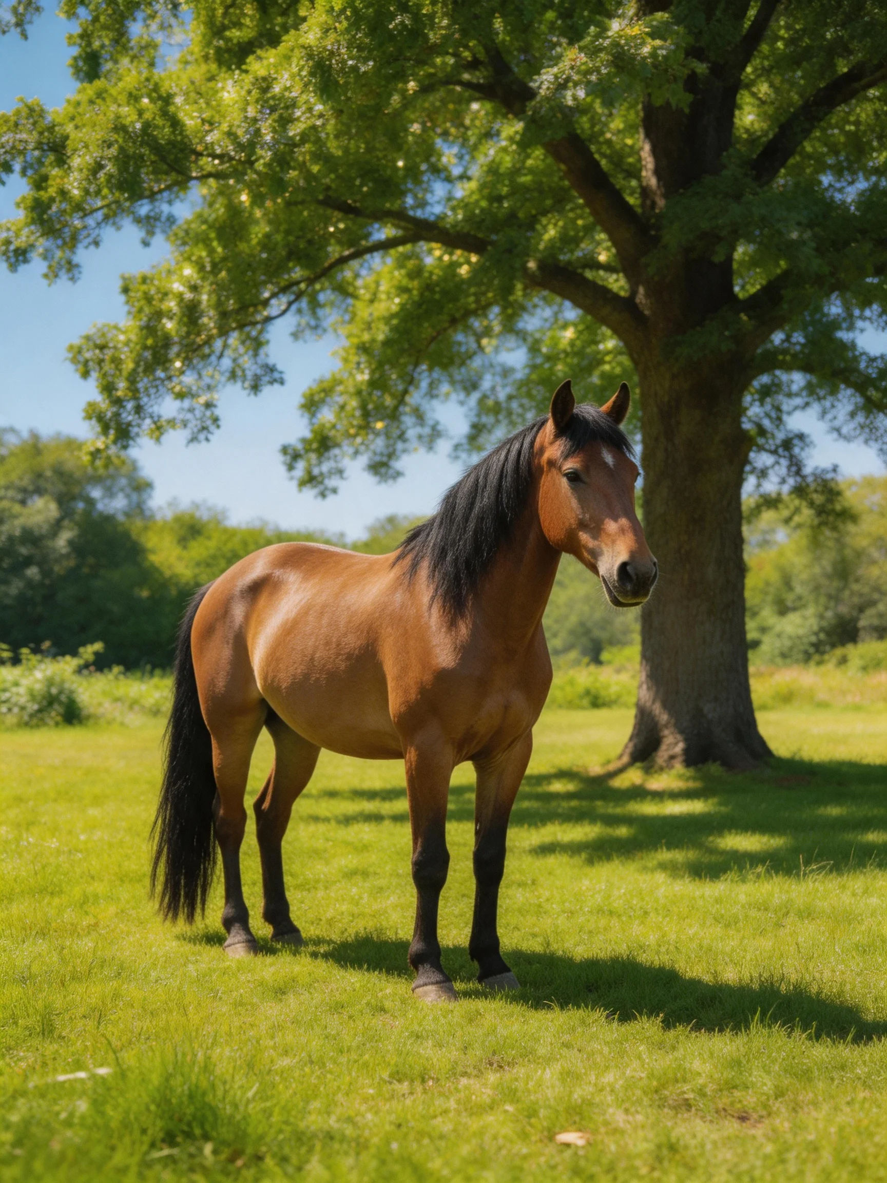 A chestnut horse stands near a large green oak tree in a sunny meadow