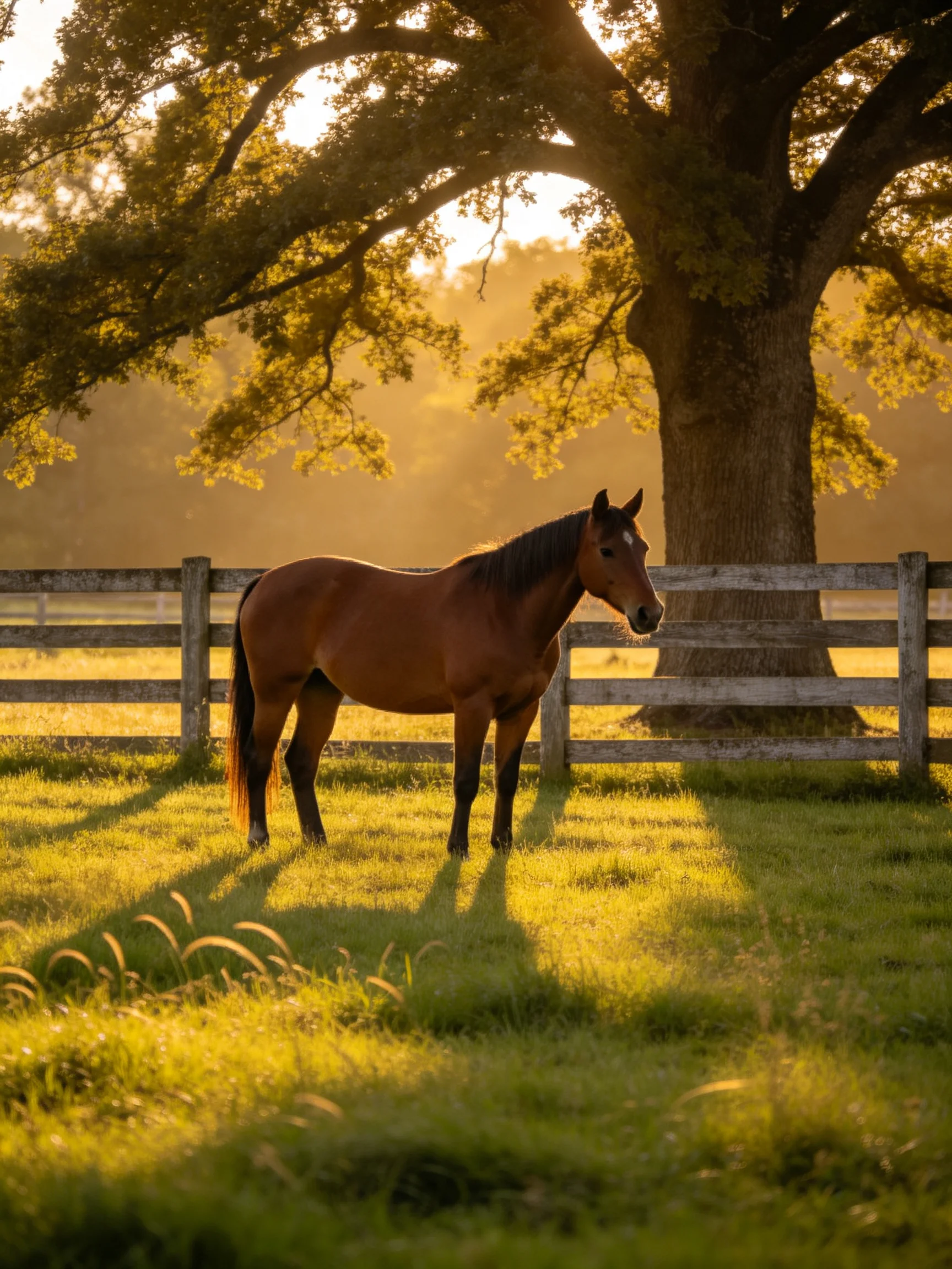 A chestnut horse stands near a large oak tree by a wooden fence