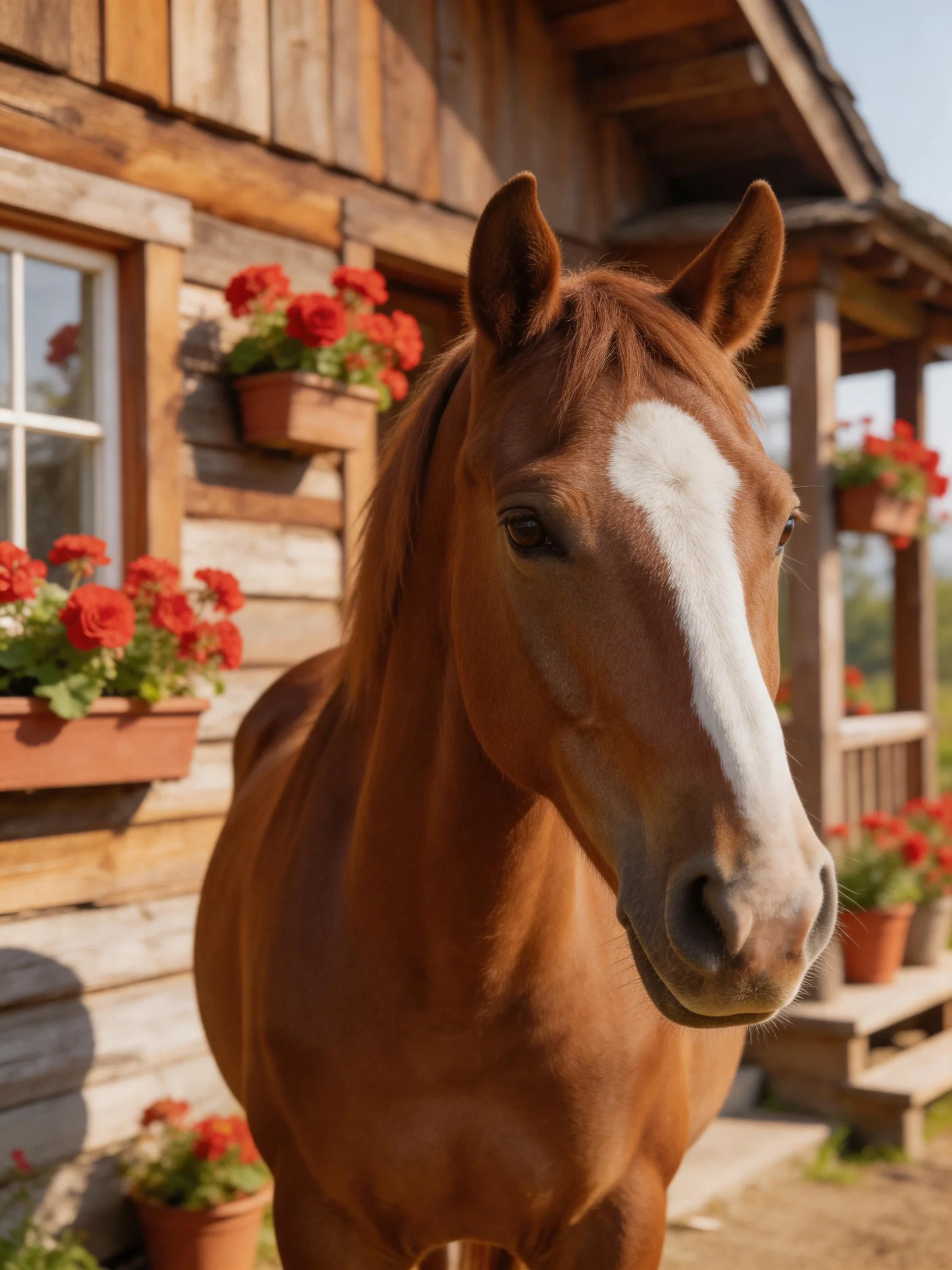 A chestnut horse stands beside a rustic wooden cabin decorated with red flowers.