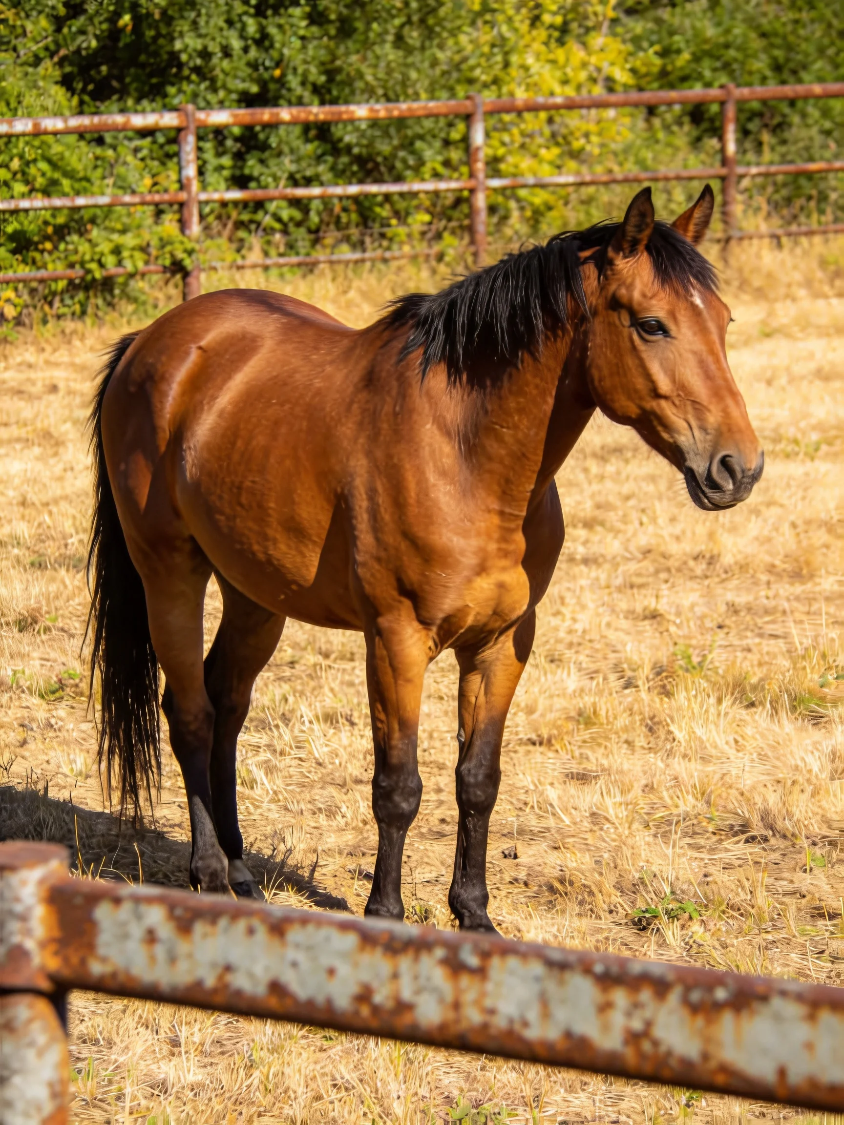 A chestnut horse stands near a weathered metal fence in a dry pasture