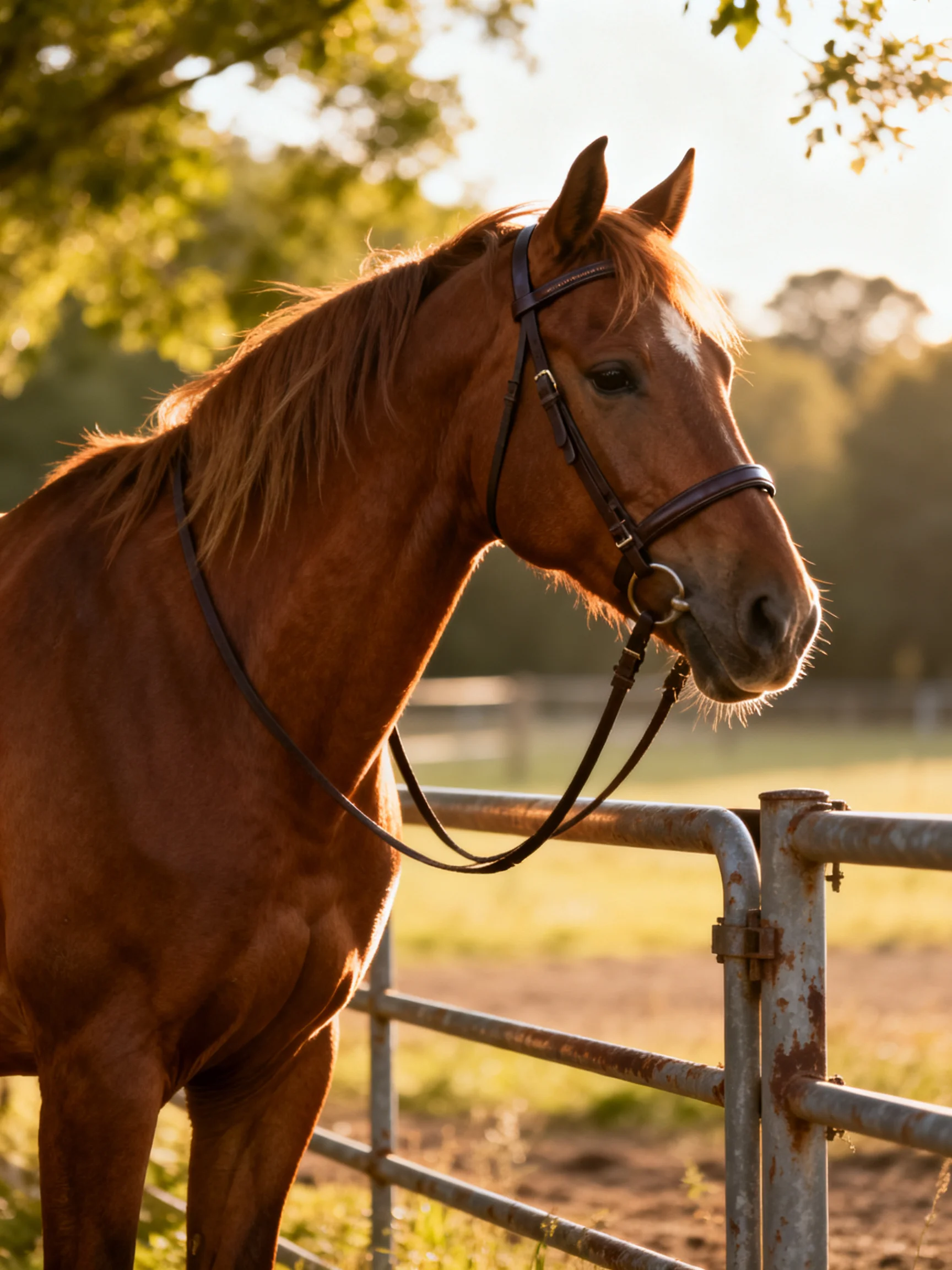 A chestnut horse stands near a weathered metal fence in golden sunlight