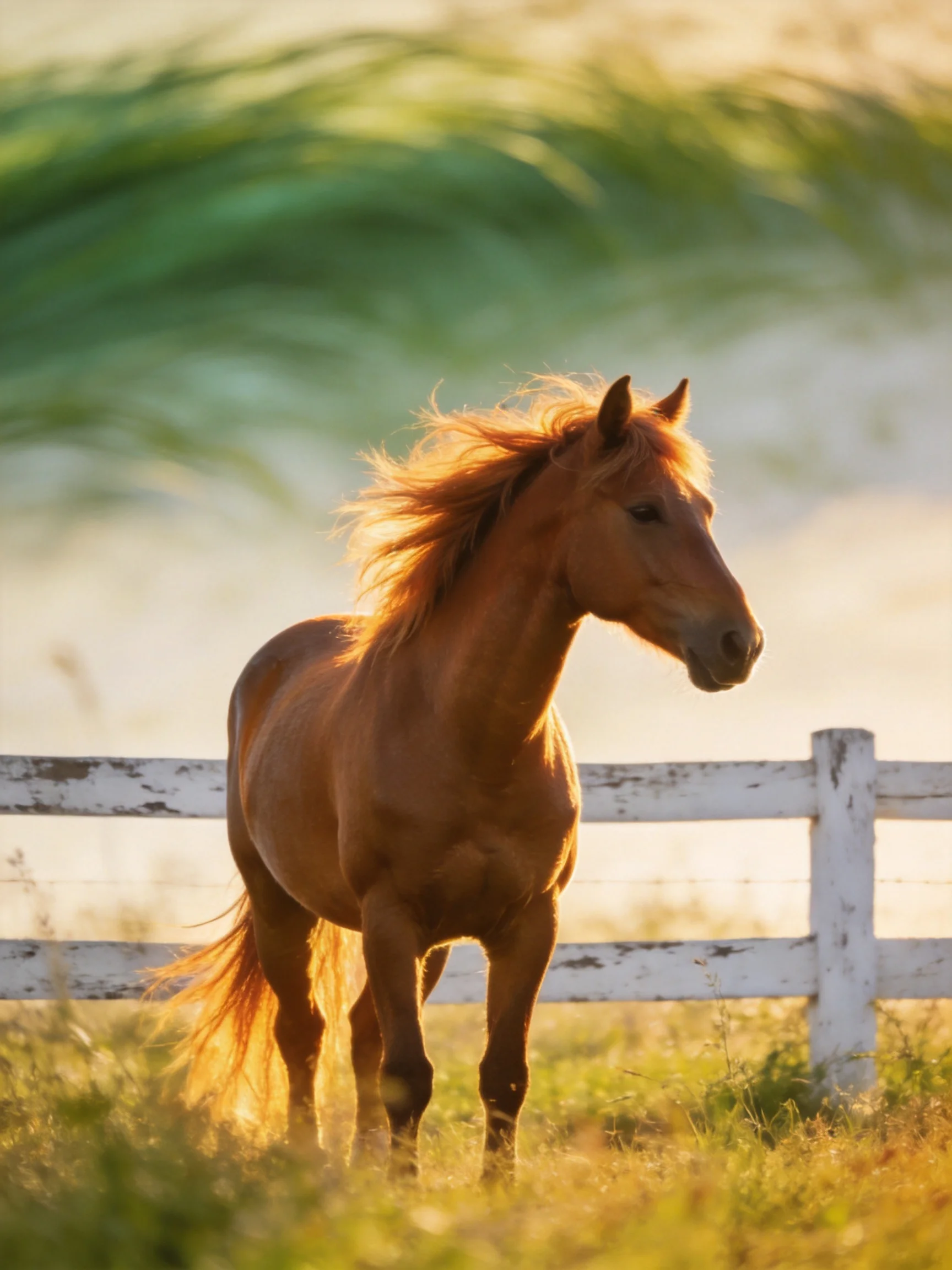 A chestnut horse stands near a weathered white fence under golden sunlight