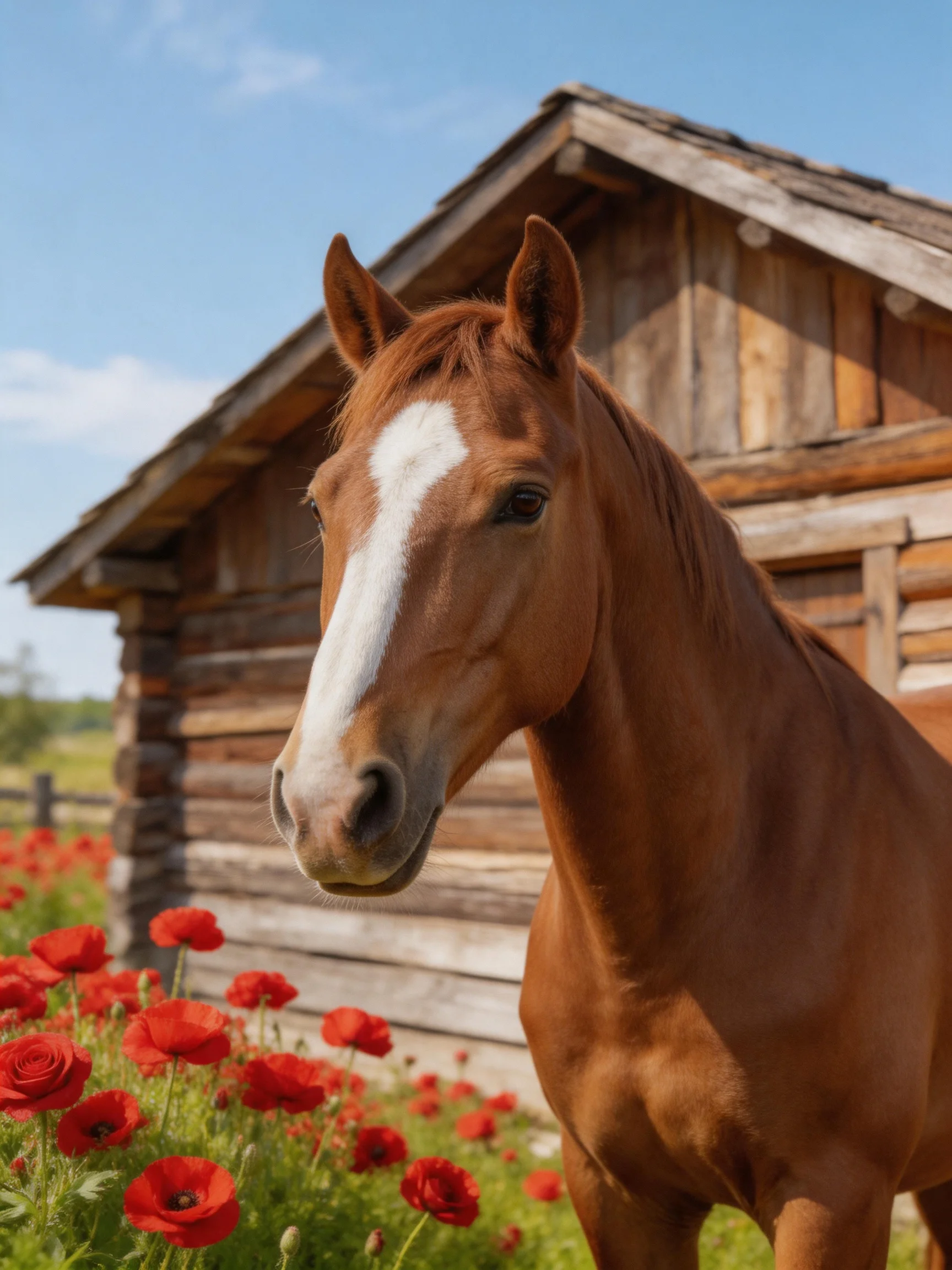 A chestnut horse stands near a weathered wooden cabin with bright red poppies