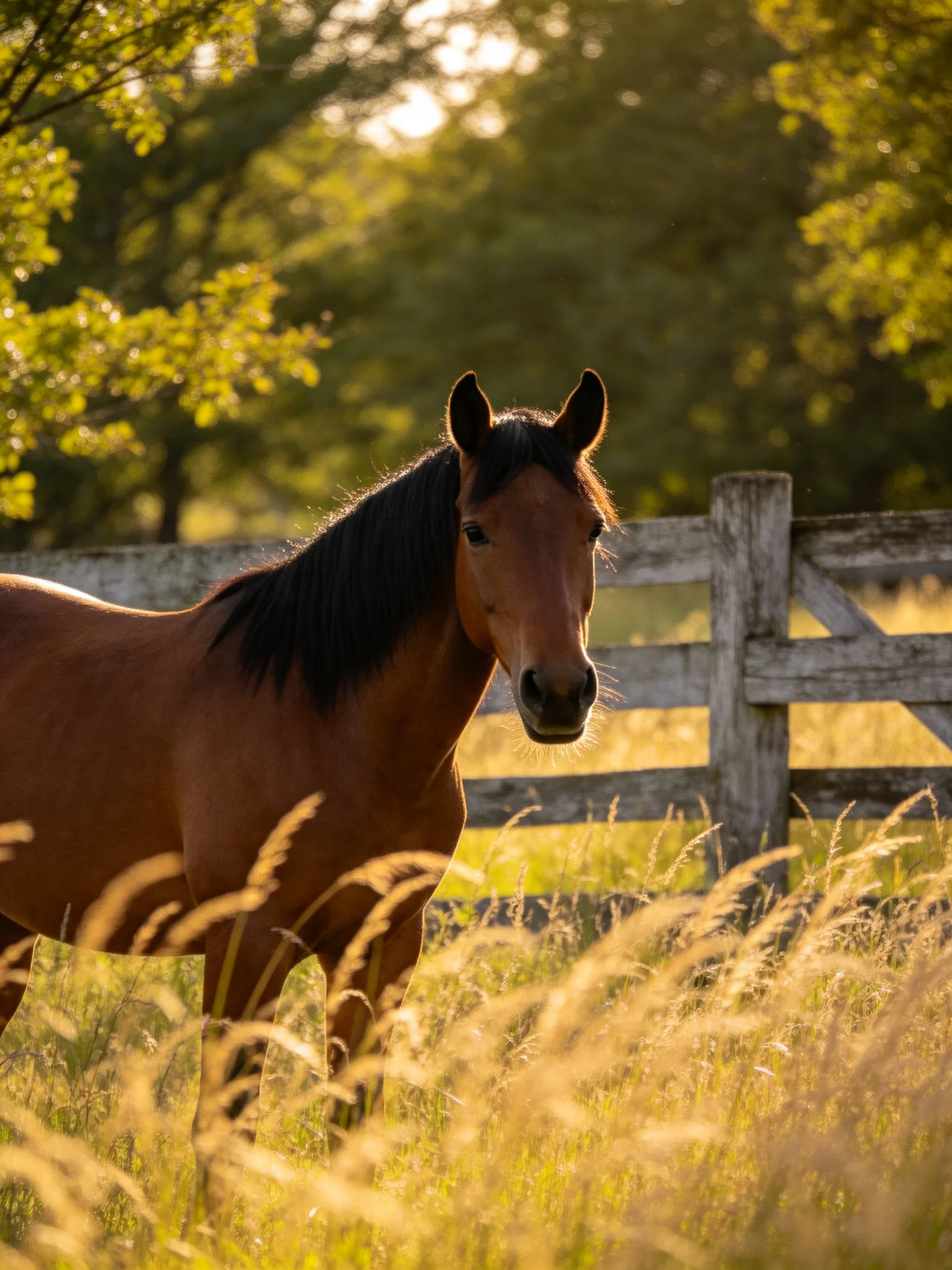 A chestnut horse stands near a weathered wooden fence in golden grass