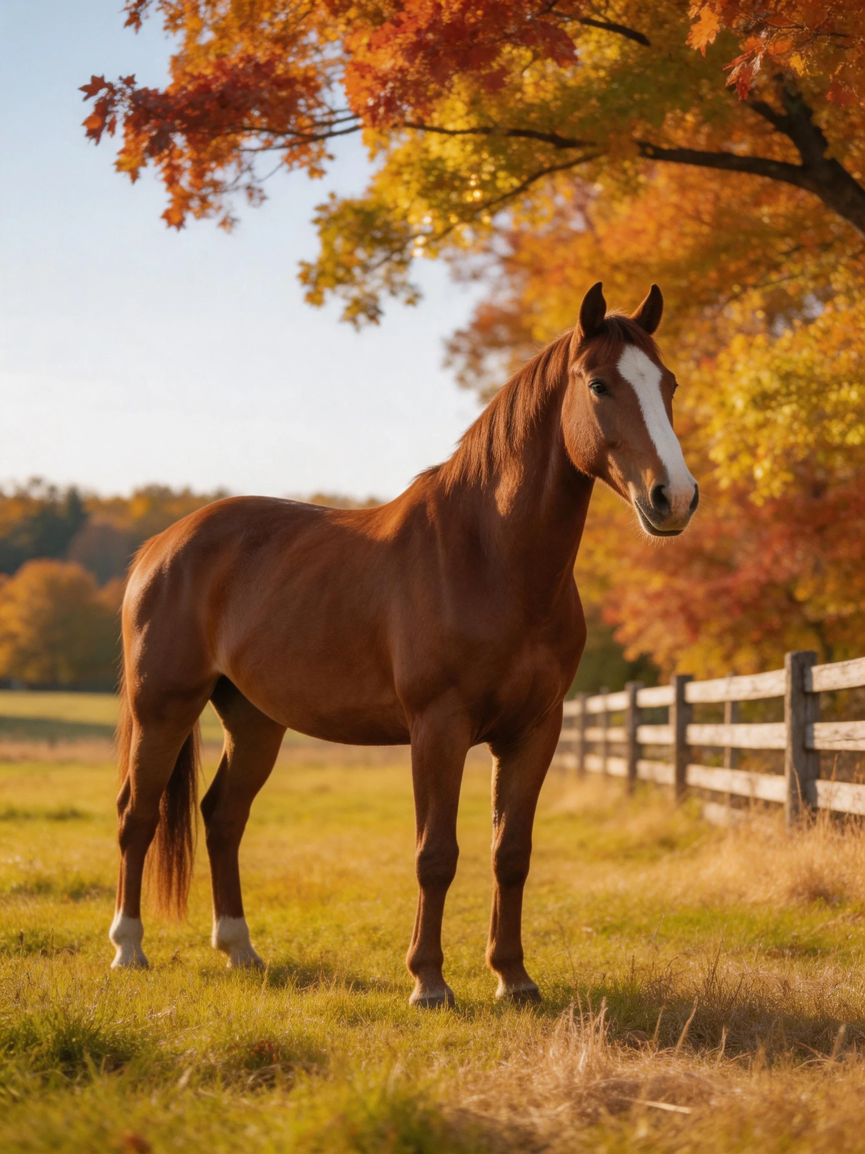 A chestnut horse stands near a wooden fence amid golden fall foliage