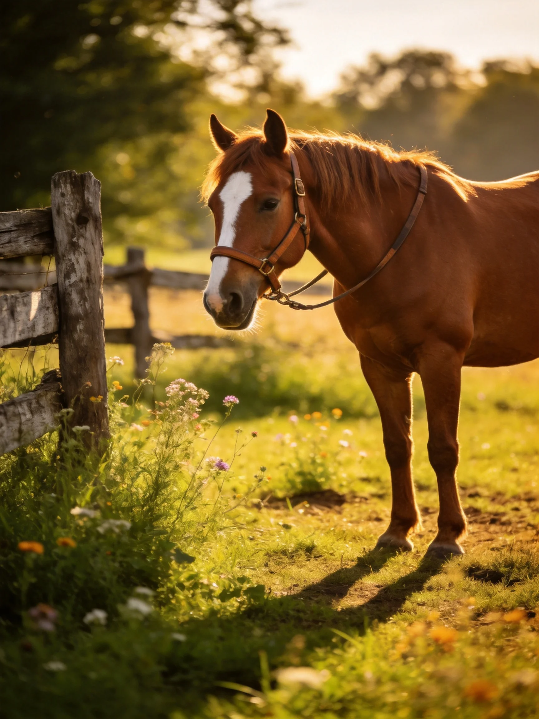 A chestnut horse stands near an aged wooden fence in a sun-drenched meadow
