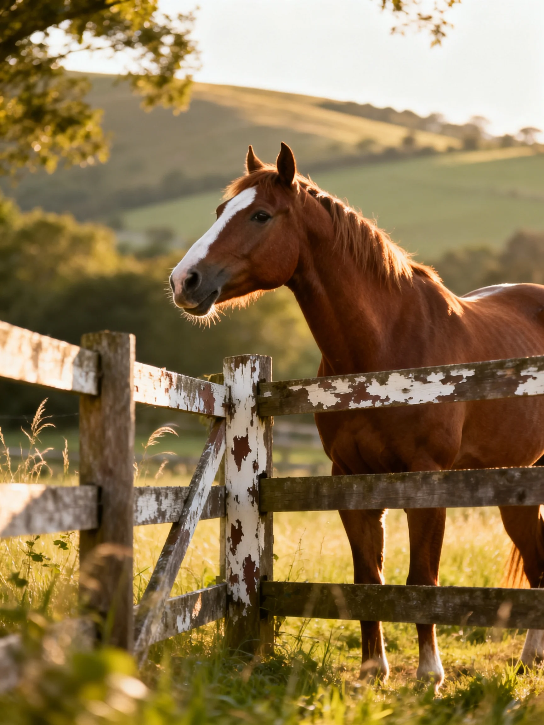 A chestnut horse stands near an aged wooden fence in a sunlit countryside