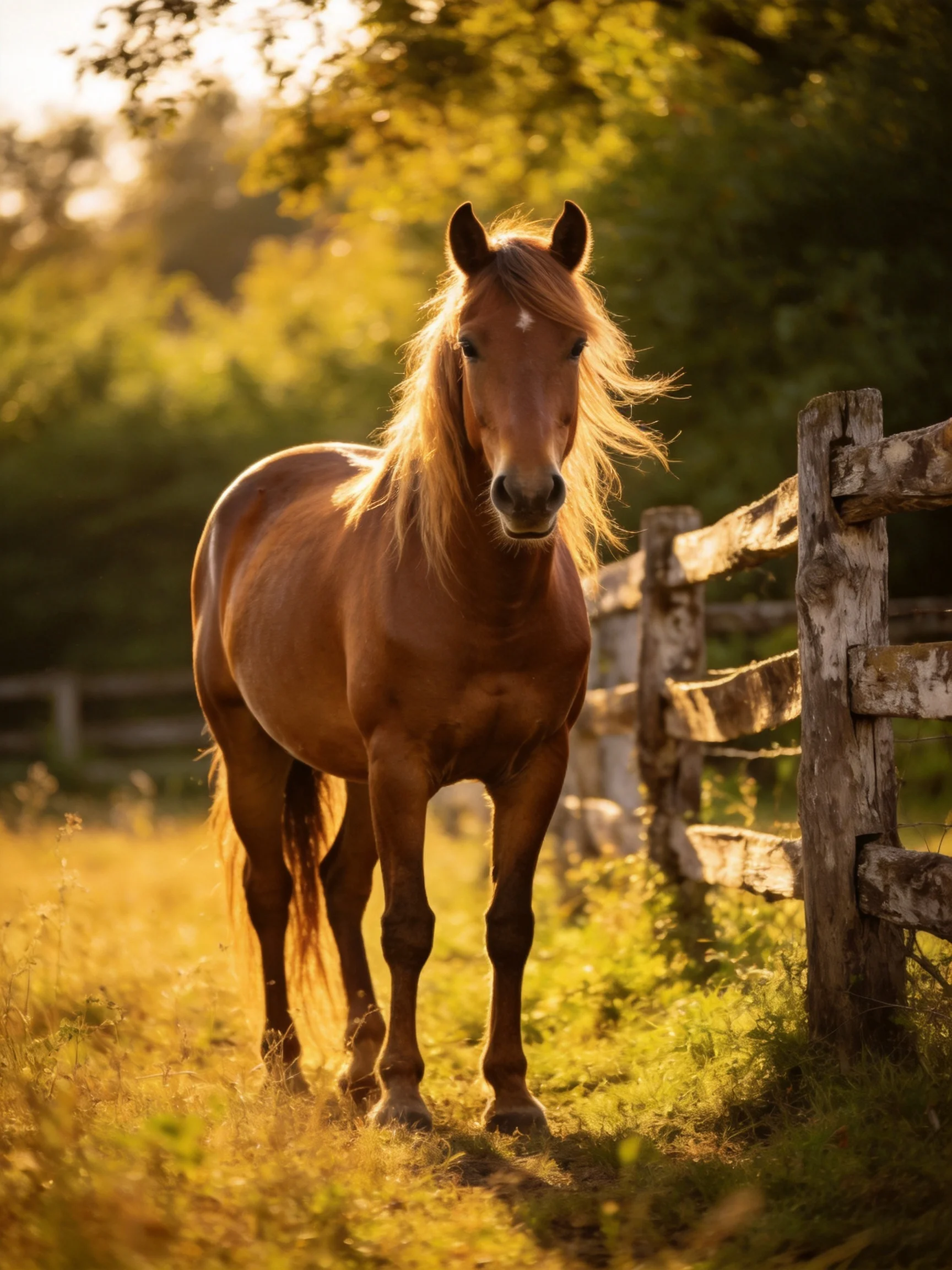 A chestnut horse stands near an aged wooden fence in golden sunlight