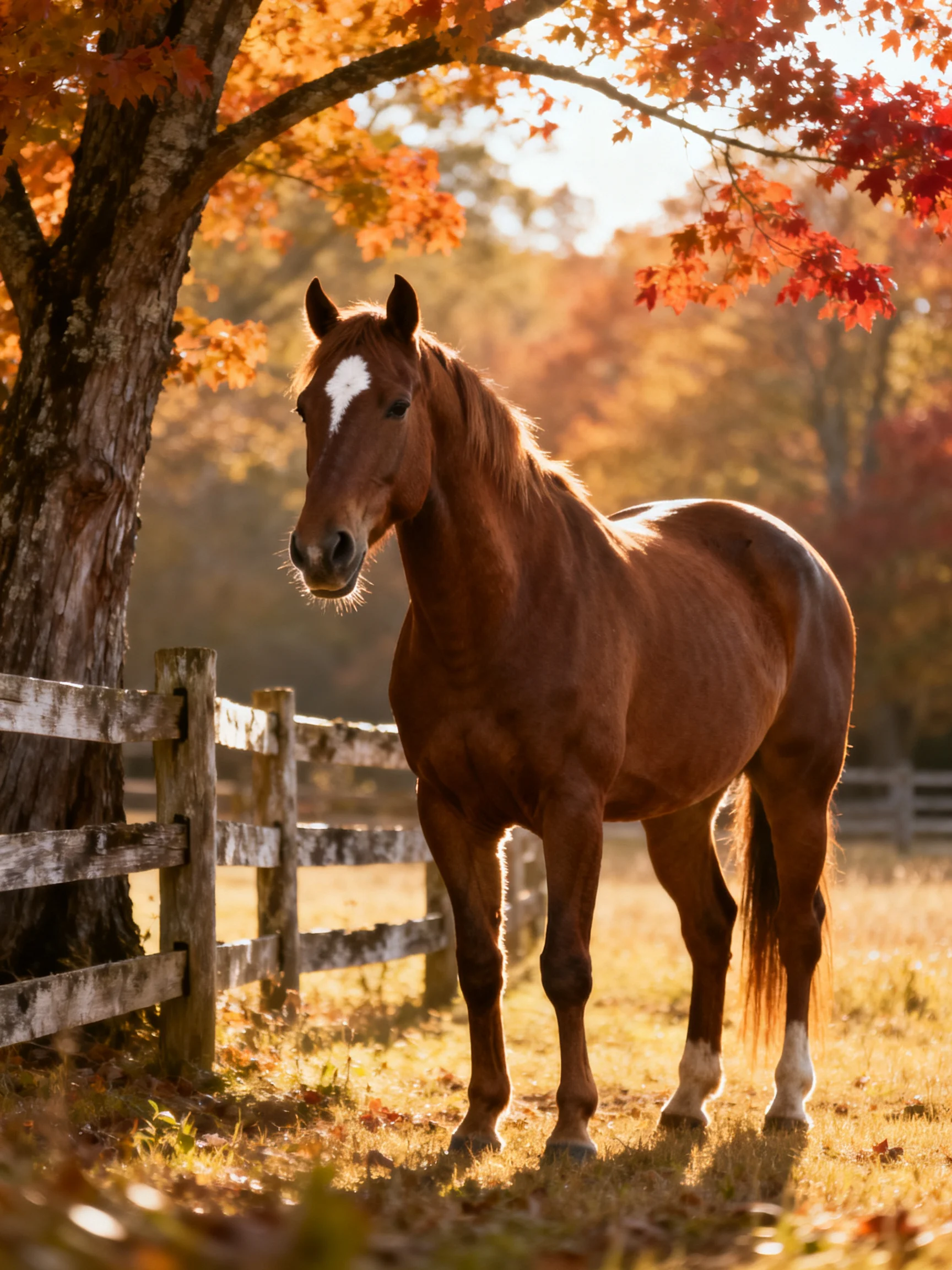 A chestnut horse stands near an old wooden fence under autumn foliage