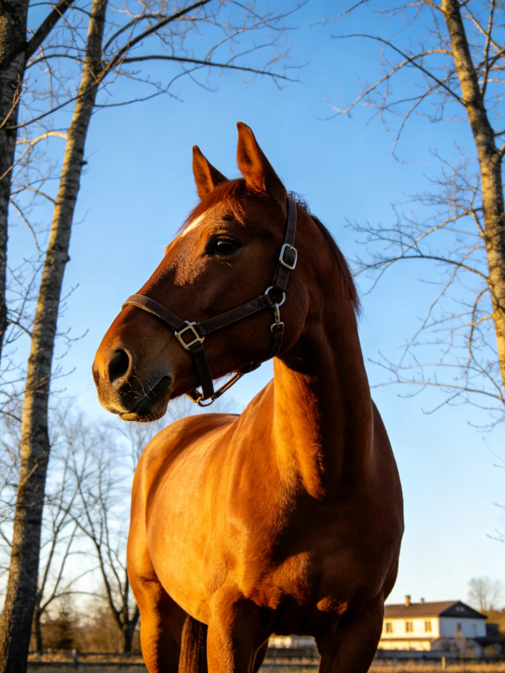 A chestnut horse stands near bare trees under a clear blue sky