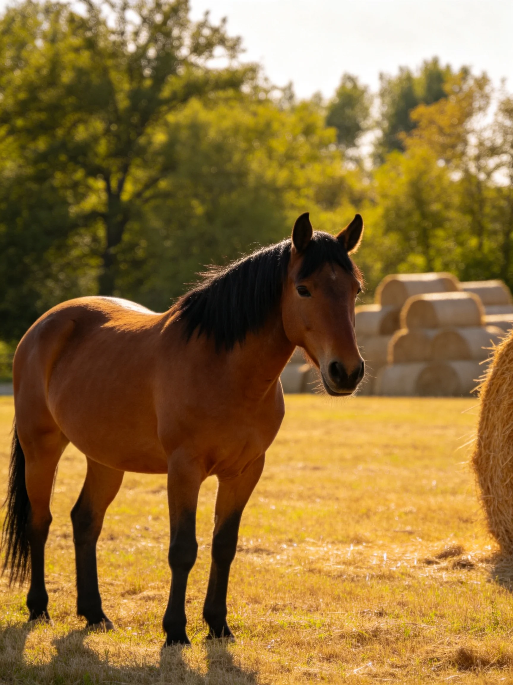 A chestnut horse stands near golden hay bales in a sunlit pasture