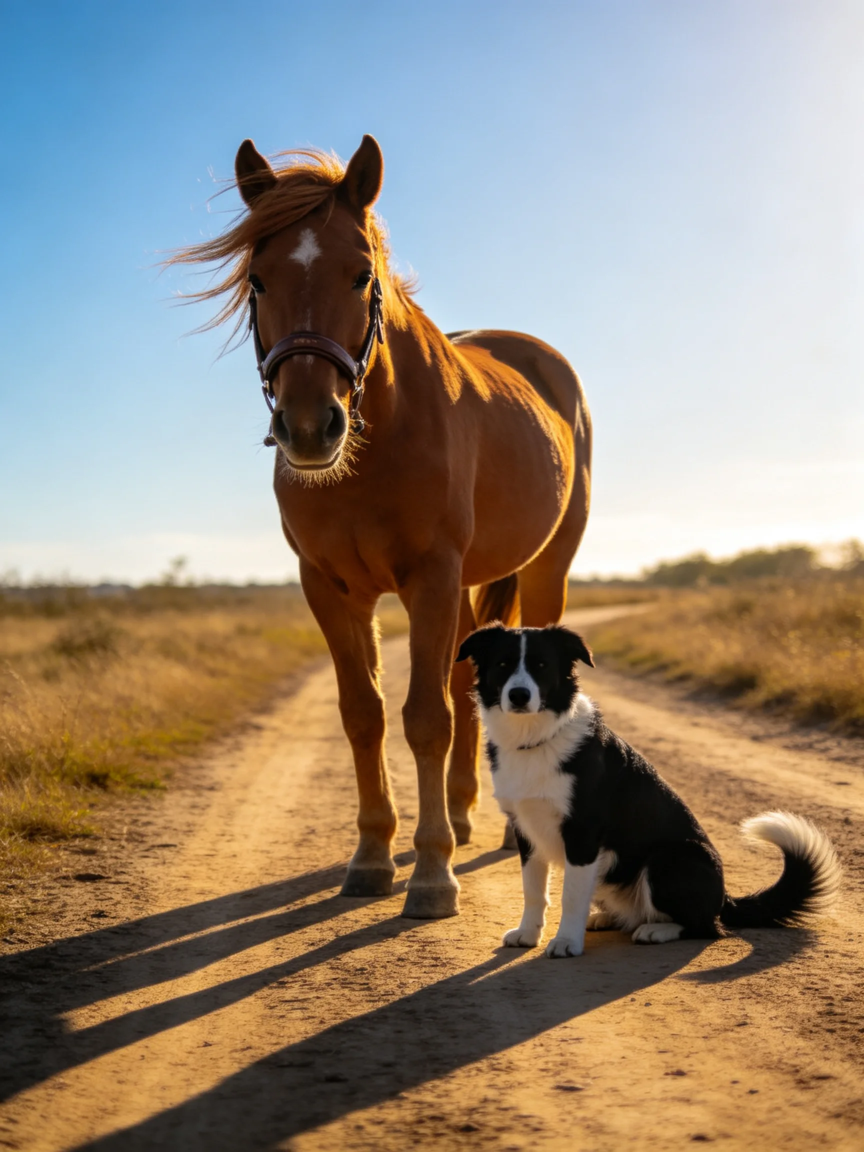 A chestnut horse stands next to a black - white dog on a sunlit dirt road