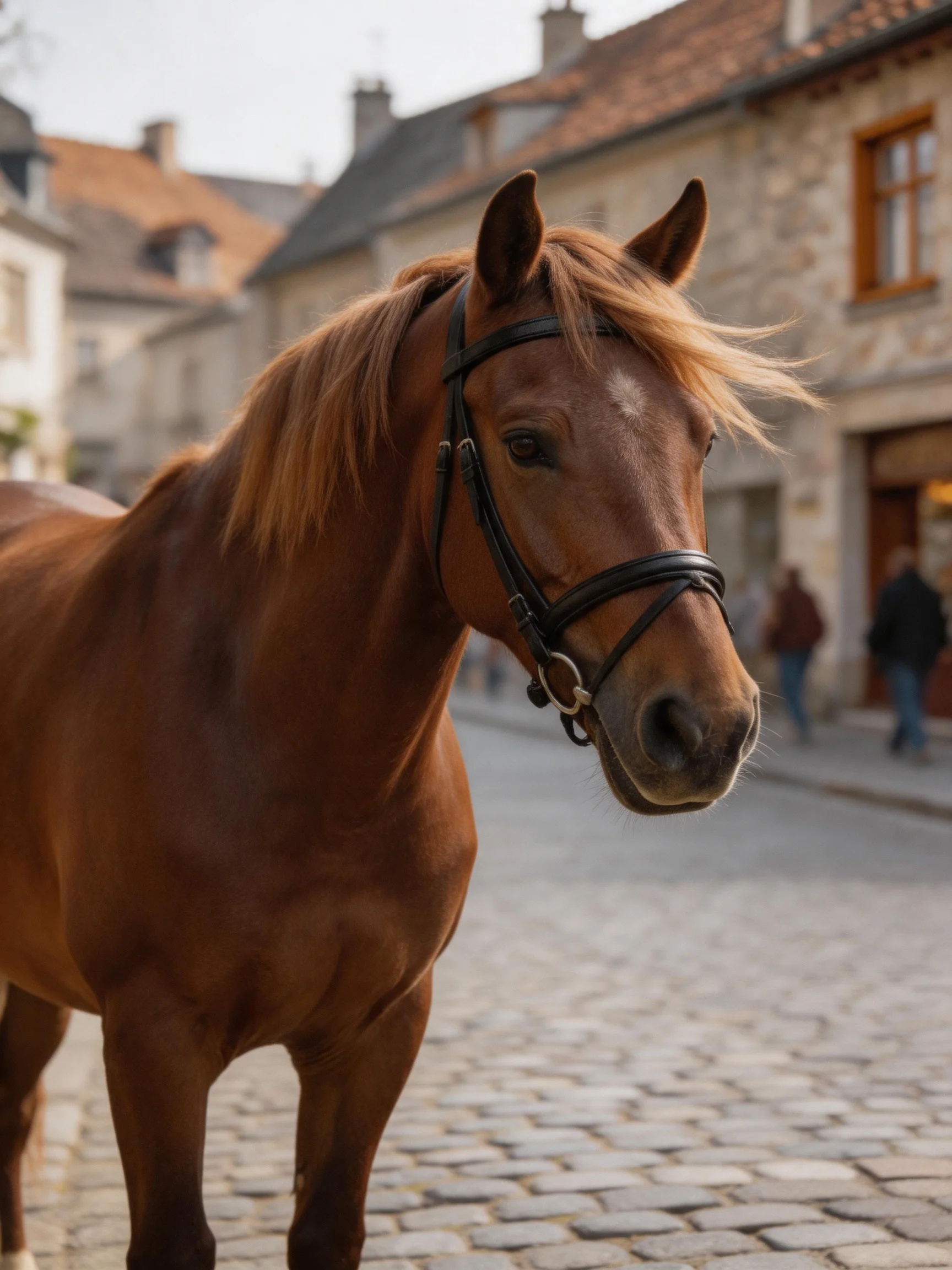 A chestnut horse stands on a cobblestone street near old stone buildings