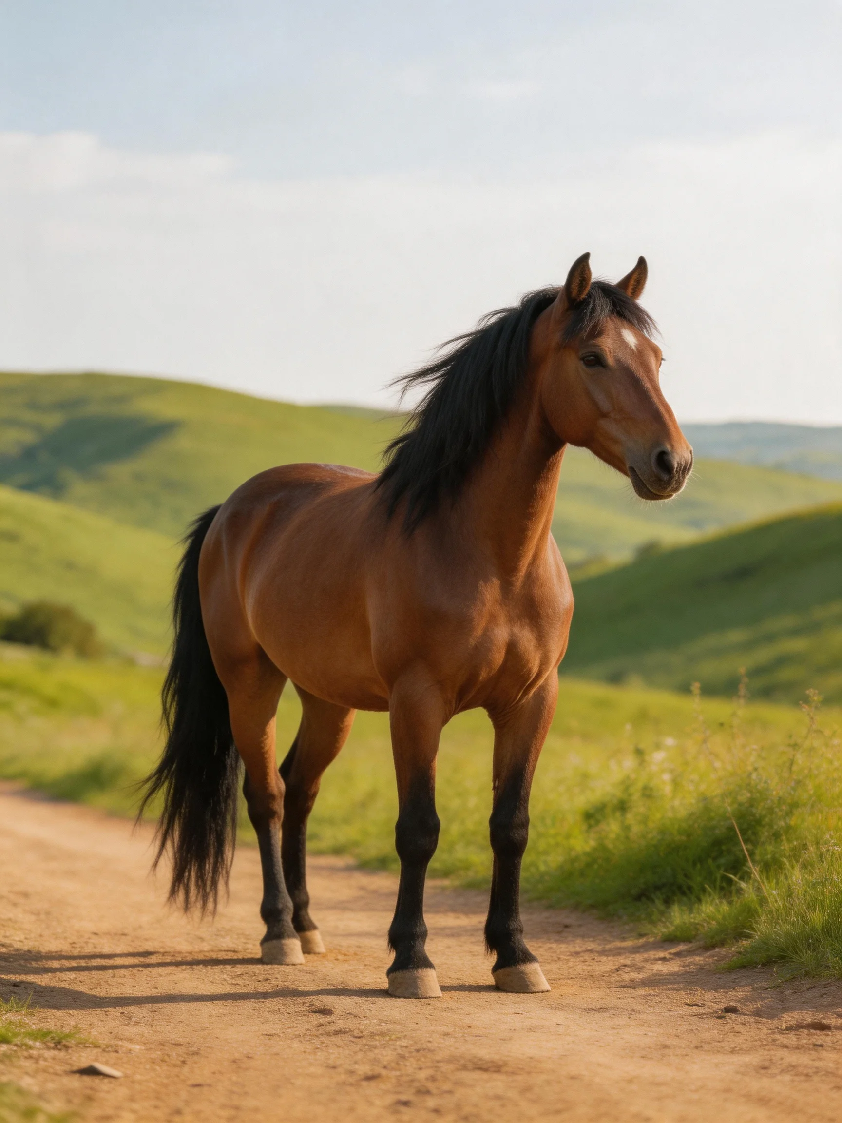 A chestnut horse stands on a dirt path amid rolling green hills