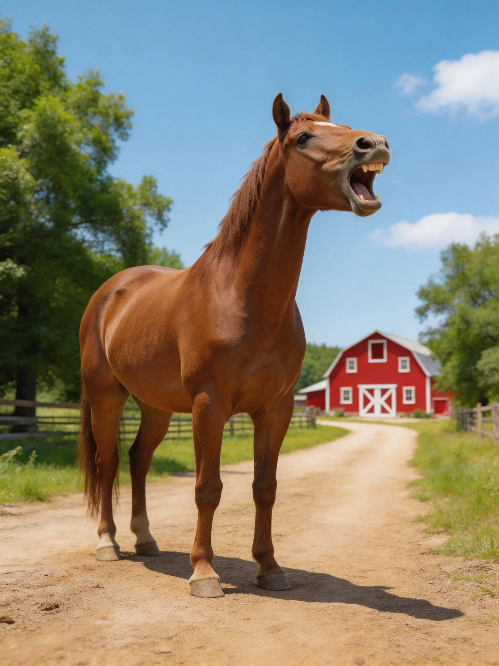 A chestnut horse stands on a dirt path beside a bright red barn